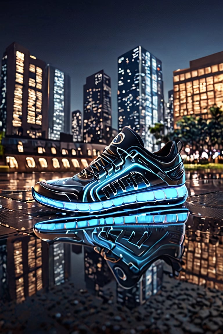 (best quality,8K,highres,masterpiece), ultra-detailed,showcasing the design concept of rubber sheet in an outdoor setting at night, with the sky overhead and water reflecting the city lights. The rubber sheet are positioned on a street, with a blurred background that includes buildings and cityscape elements, adding depth to the scene. The use of depth of field enhances the focus on the sneakers while creating a sense of immersion in the urban environment. The reflection of the rubber sheet on the water's surface adds visual interest and realism, contributing to the overall ambiance of the artwork. This illustration captures the fusion of style and functionality in rubber sheet design, set against the dynamic backdrop of a bustling city at night.