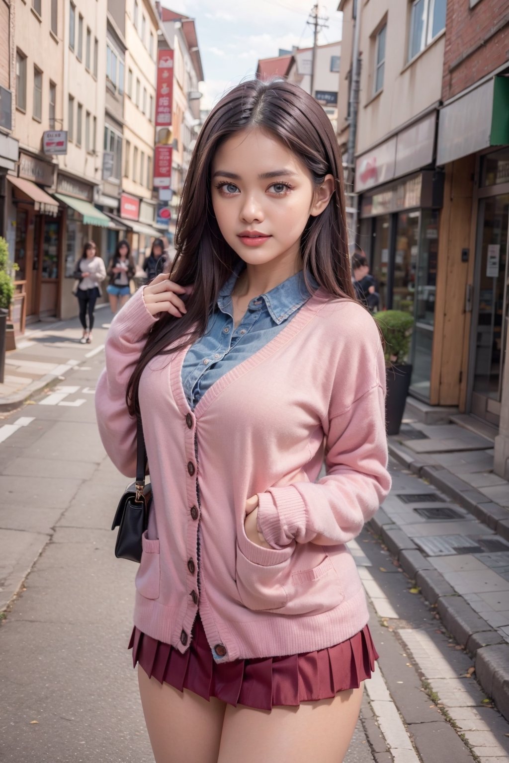 1girl, Indonesian beautiful girl, 24 years old, symmetric eyes, ombre lips, (dark brown skin), messy bun hair, happiness expression, perfect fingers, perfect hand, wearing (red cardigan and pleated miniskirt), walking in the town street, busy town street background, (front view), front, dynamic pose, medium shot, 16k, ultrarealistic, masterpiece, UHD,Blueeyes,micro miniskirt,cardigan,Casual,Realistic,Indonesian