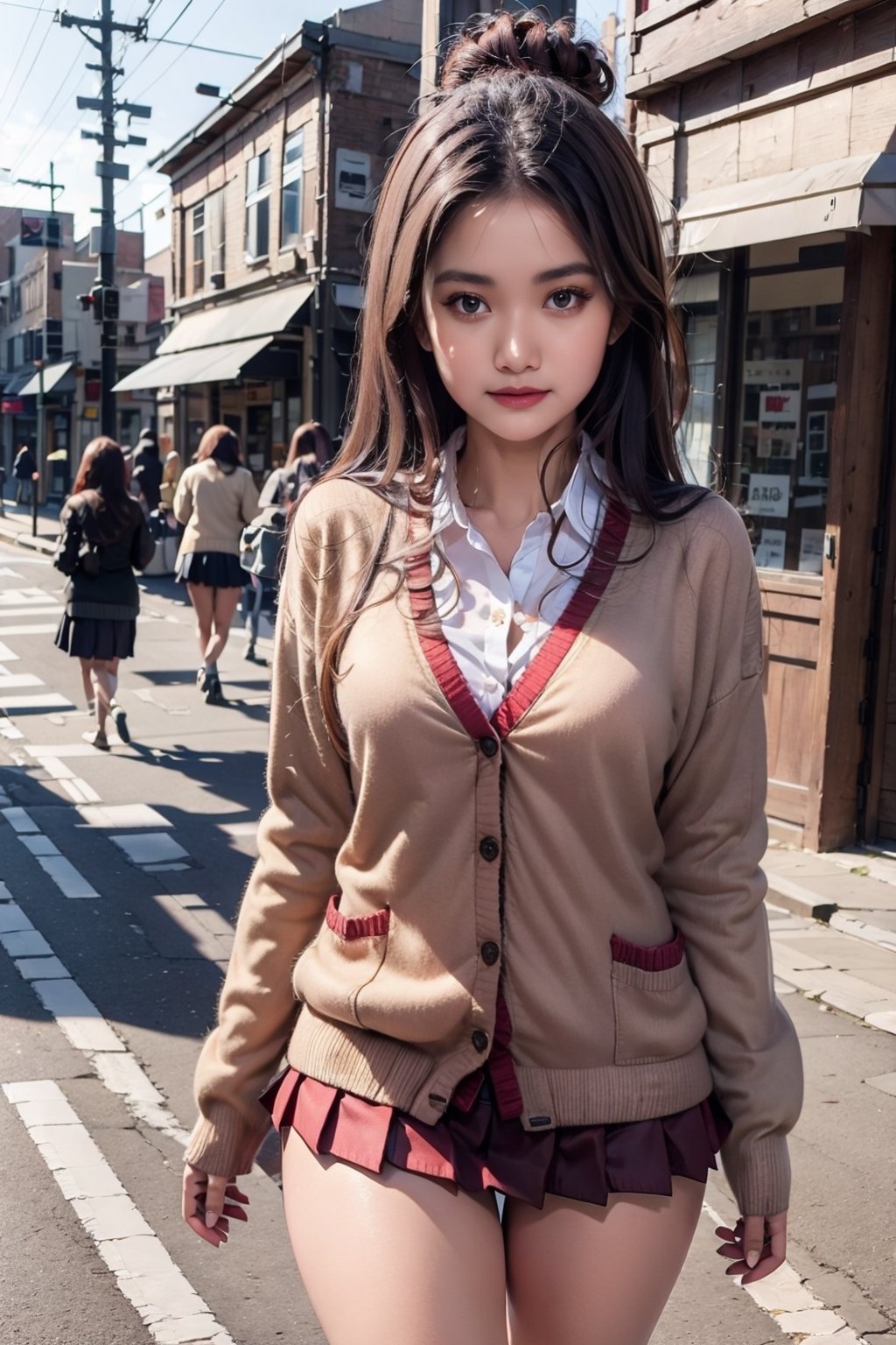 1girl, Indonesian beautiful girl, 24 years old, symmetric eyes, ombre lips, (dark brown skin), messy bun hair, happiness expression, perfect fingers, perfect hand, wearing (red cardigan and pleated miniskirt), walking in the town street, busy town street background, (front view), front, dynamic pose, medium shot, 16k, ultrarealistic, masterpiece, UHD,Blueeyes,micro miniskirt,cardigan,Casual