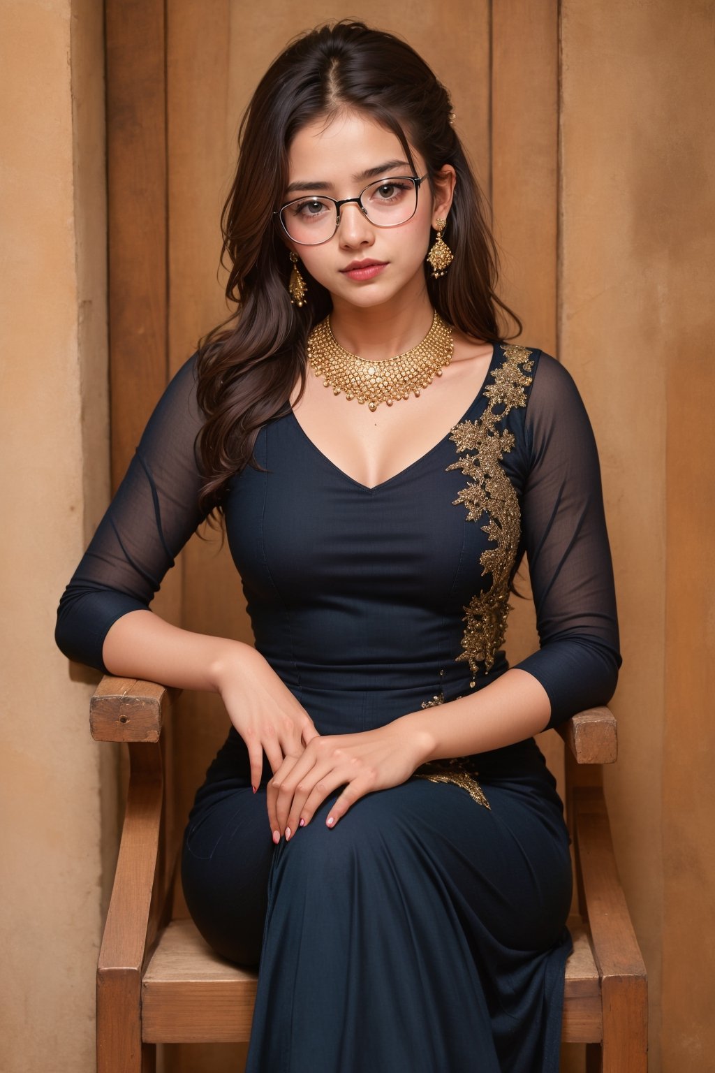 lovely  cute  young  attractive  indian  teenage  girl  in the black gown  ,  23  years  old  ,  cute  ,  an  Instagram  model  ,  long  blonde_hair  ,  colorful  hair   , sitting on the chair , wearing glasses,Indian 