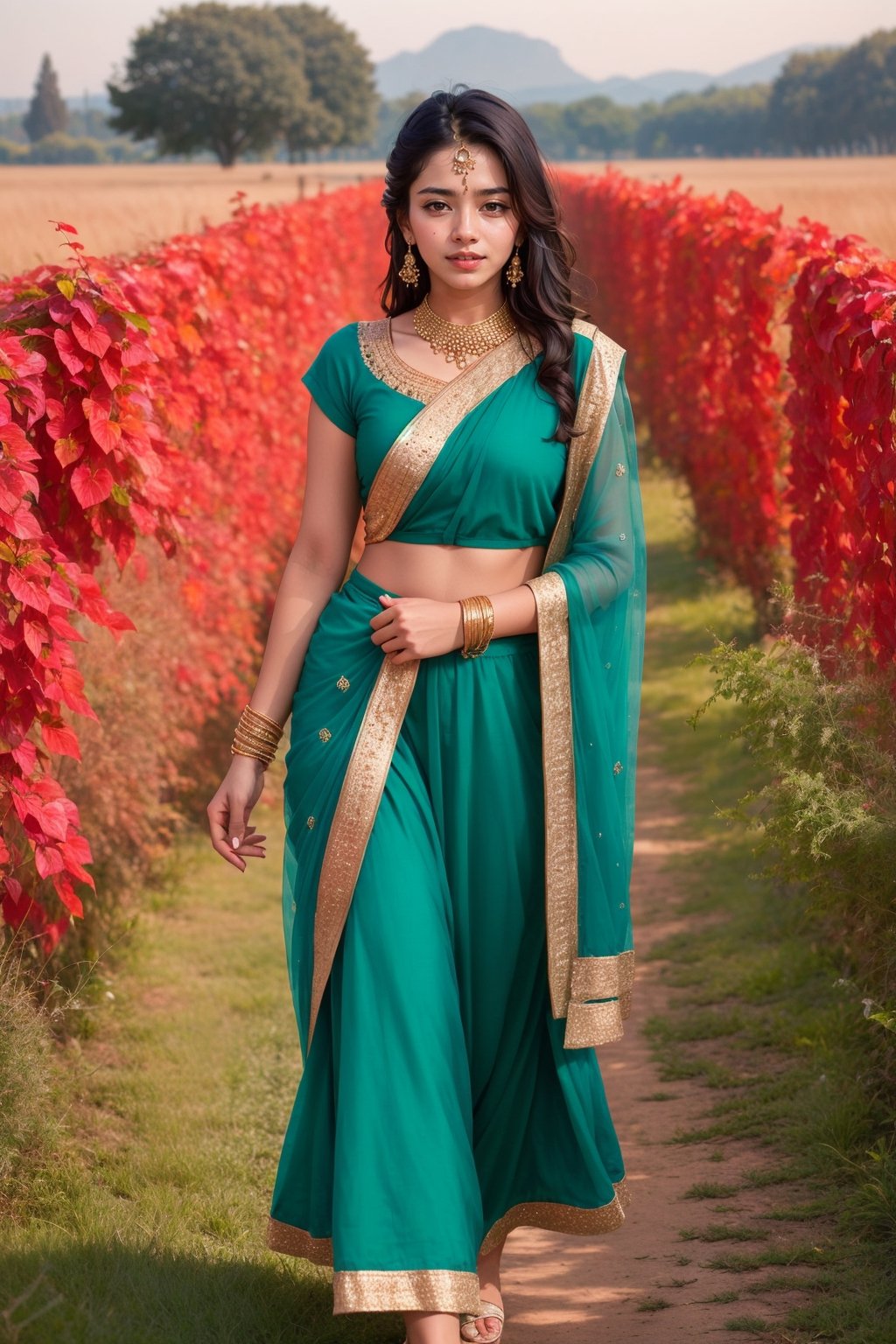 lovely  cute  young  attractive  indian  teenage  girl  in beautiful foreign dress,  23  years  old  ,  cute  ,  an  Instagram  model  ,  long  blonde_hair  ,  colorful  hair   , walking in green field „  Indian 