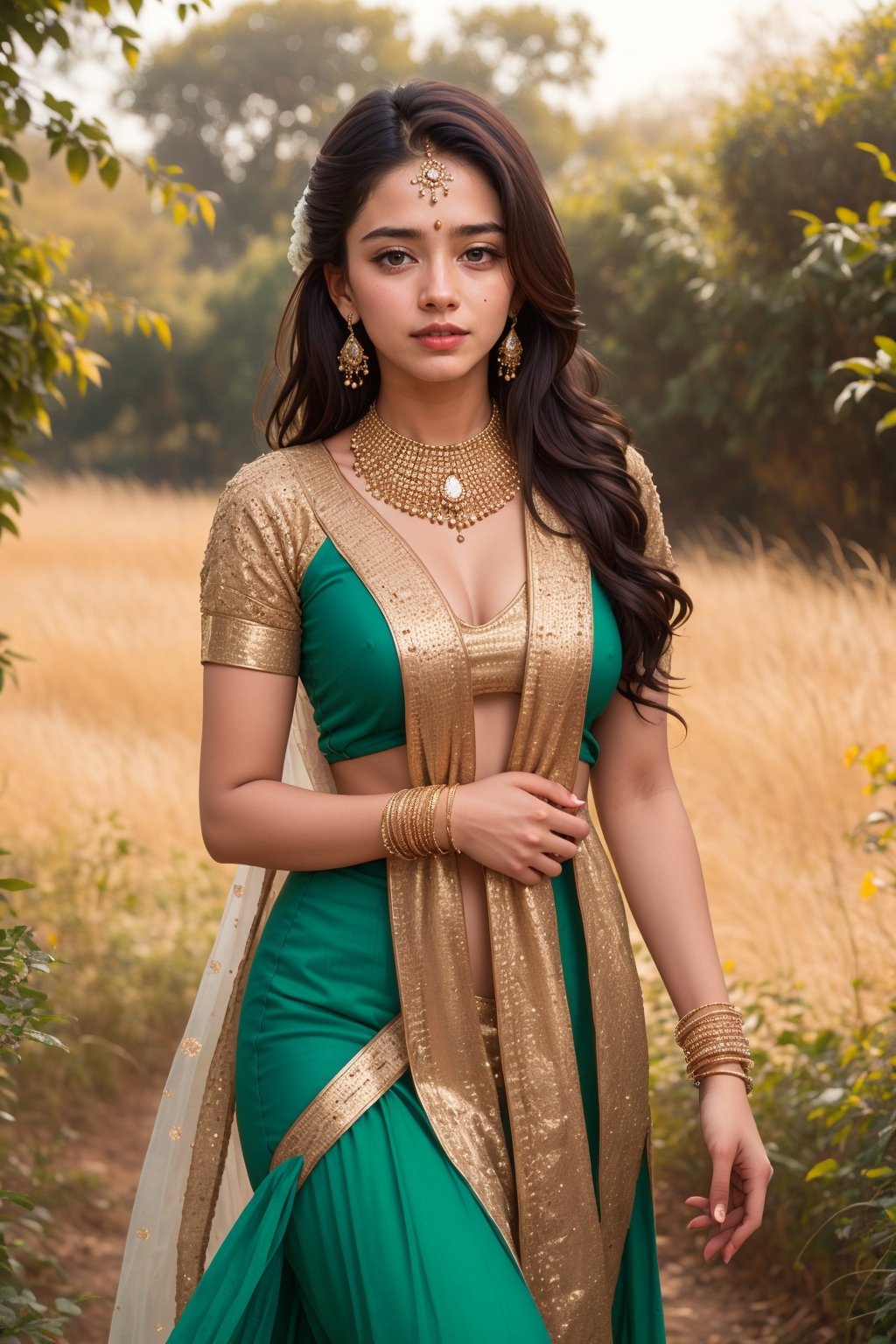 lovely  cute  young  attractive  indian  teenage  girl  in beautiful foreign dress,  23  years  old  ,  cute  ,  an  Instagram  model  ,  long  blonde_hair  ,  colorful  hair   , walking in green field „  Indian 