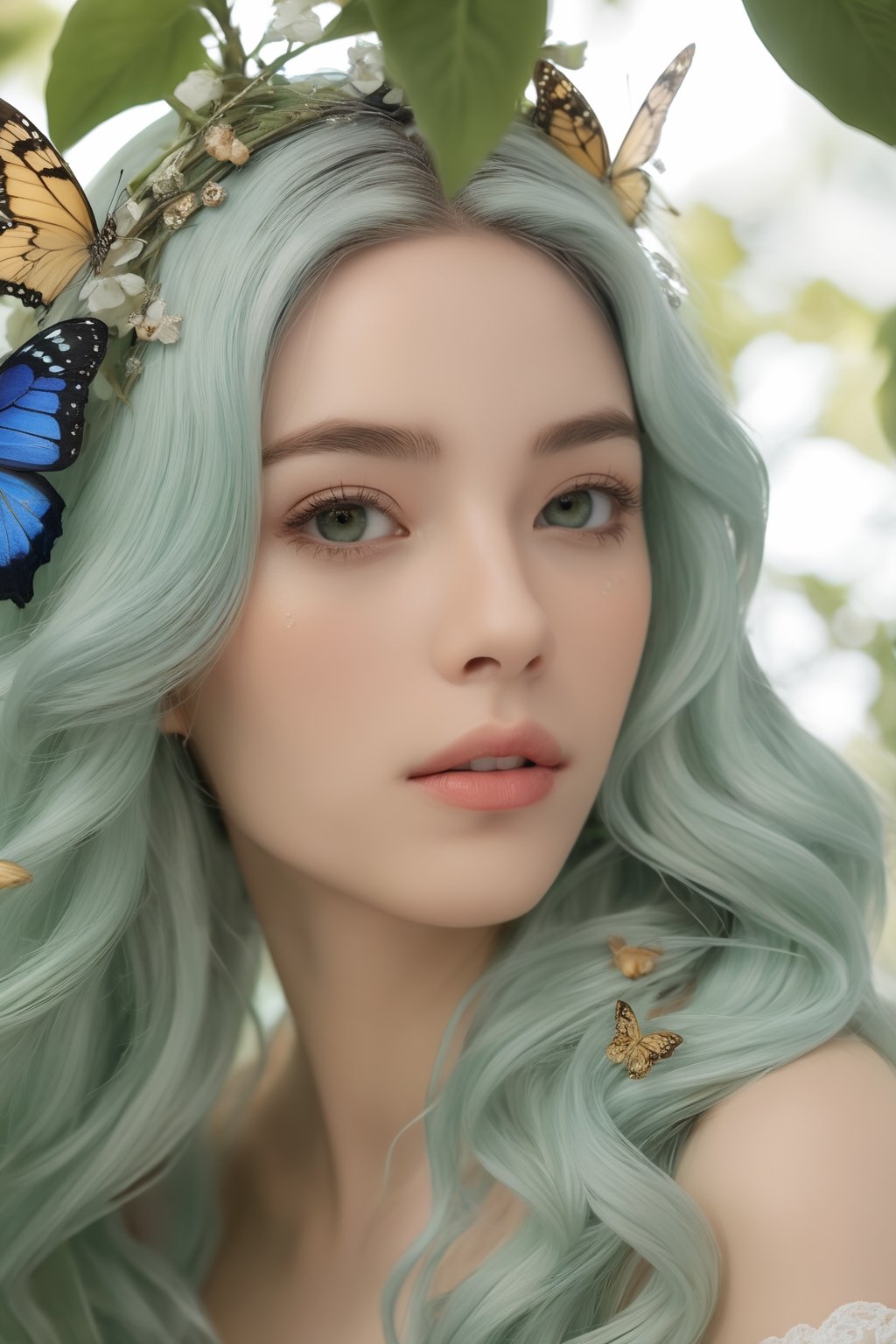 (ultra realistic,best quality),photorealistic,Extremely Realistic, in depth, cinematic light,hubggirl,
porcelain skin, baroque, long swirling green hair, lavish green leaves, falling blue flowers, celestial lighting, butterflies, tree branches, sky, golden glowing, water drops,

perfect lighting, vibrant colors, intricate details,
high detailed skin, pale skin,
intricate background, realism,realistic,raw,analog,portrait,photorealistic,
taken by Canon EOS,SIGMA Art Lens 35mm F1.4,ISO 200 Shutter Speed 2000,Vivid picture,hubg_mecha_girl