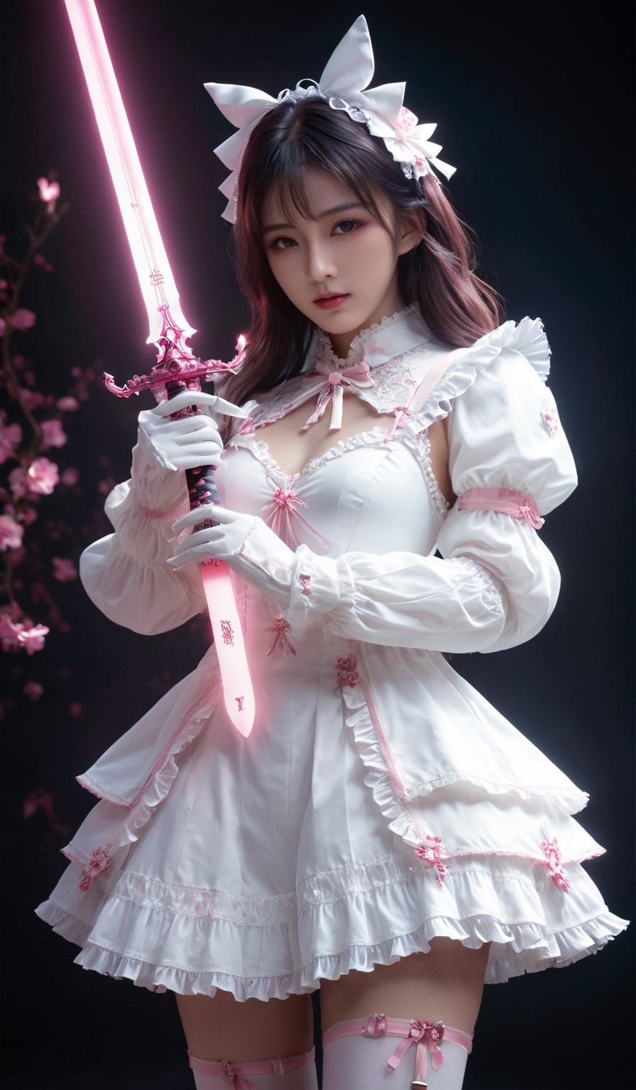 masterpiece, best quality, ultra-detailed, best shadow, detailed background,dark fantasy, mecha\(hubggirl)\,

hubggirl with White Lolita outfit ,holding a glowing pink sword upwards,

dynamic poses, particle effects, perfect hands,
beautiful detailed face, high contrast, best illumination, an extremely delicate and beautiful, 
cinematic light, colorful, hyper detail, dramatic light, intricate details,