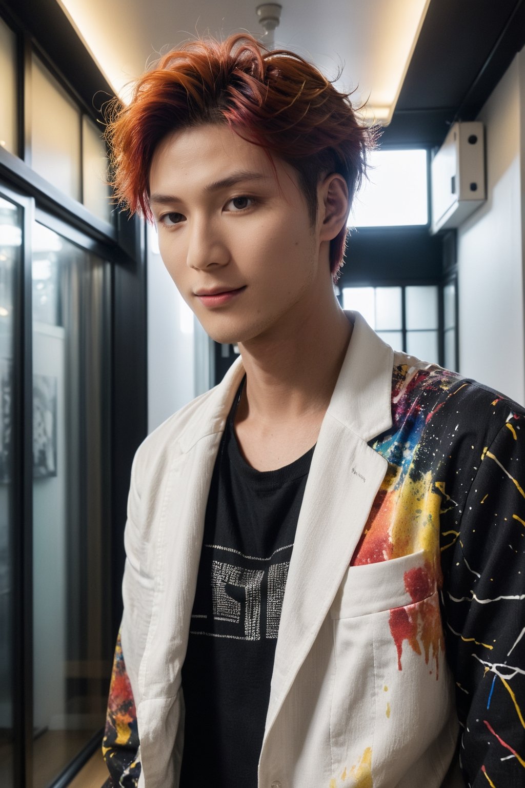 Hasselblad photo portrait of a handsome and mysterious Tokyo young male model, wearing urban clothes inspired by Jackson Pollock, creating the most incredible 2018 fashion look possible. The setting is a clear house with colorful paintings, an astonishing lighting ambiance. The man is standing with an intense look, short haircut, with lots of 12k contrast, many original details. The scene is epic, artistic, with light skin and detailed features. He is facing away from the camera, looking back with a big smile, using a Givenchy 100mm portrait lens. The lighting is golden and professionally captured by a natural light photographer.,hubgman