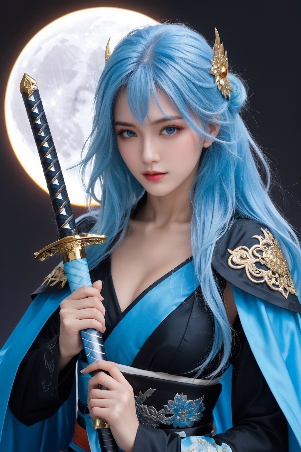 Masterpiece, highest quality, high brightness, 1 girl, sky blue hair, sky blue eye, hari ornament, cute, masterpiece, dark king, dyrad, sky blue cape, fantasy, blue flame, ((full moon)), ((samurai sword))