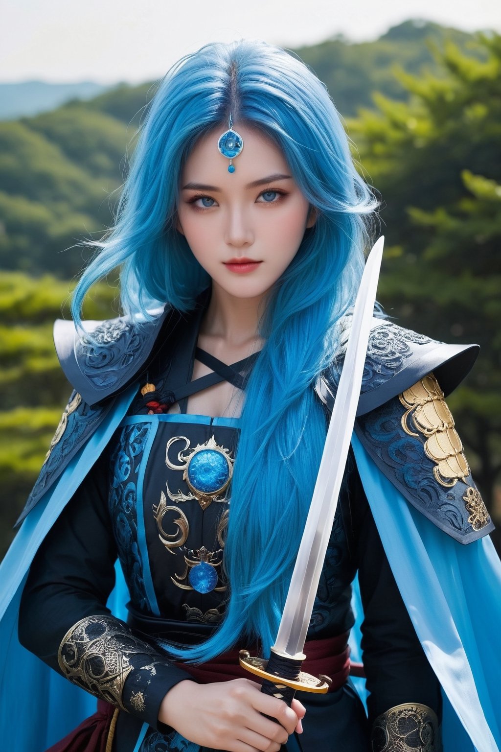 Masterpiece, highest quality, high brightness, 1 girl, sky blue hair, sky blue eye, hari ornament, cute, masterpiece, dark king, dyrad, sky blue cape, fantasy, blue flame, ((full moon)), ((samurai sword))