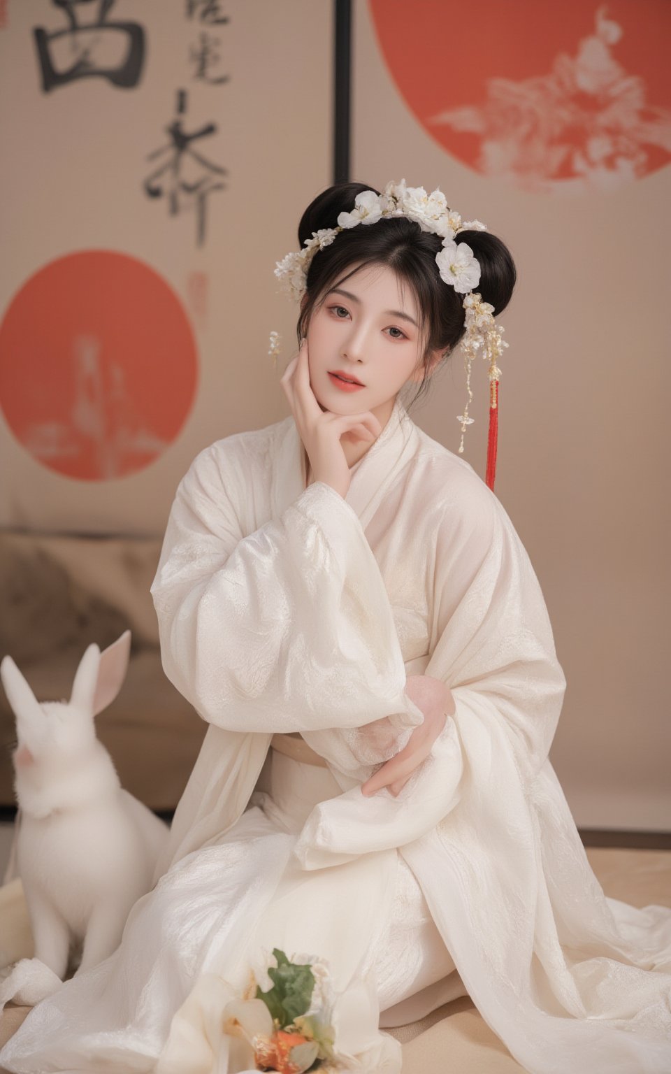 A young woman in a beautiful white kimono sits on a soft, patterned fabric. She is adorned with delicate floral hair ornaments and a red tassel hangs from her waist. Her expression is serene and elegant, her gaze directed towards the viewer. A white rabbit sits beside her, adding a touch of innocence and charm to the scene. The background features a large red circle and a traditional Chinese character, creating a sense of cultural richness and mystique. [Photorealistic portrait, inspired by the works of Annie Leibovitz and Steve McCurry], [Soft, natural light, focus on the woman's face and her elegant pose, blurred background with a sense of depth, textured surfaces, a sense of cultural heritage and beauty], Hanfu, KOLNB, Ahri,Auguste Renoir ~ Paul Peel ~ John Singer Sargent ~ Alexandre-Jacques Chantron ~ John William Godward ~ John William Waterhouse ~ Han-Wu Shen ~ Ishitaka Amano ~ Chakrapan Posayakrit ~ Kim Jung Gi ~ Kei Mieno ~ Ikushima Hiroshi ~ WLOP ~ William-Adolphe Bouguereau ~ Alphonse Mucha ~Luis Royo ~ Range Murata ~ Jock Sturges photography ~ David Hamillton photography,sparkles,,surreal