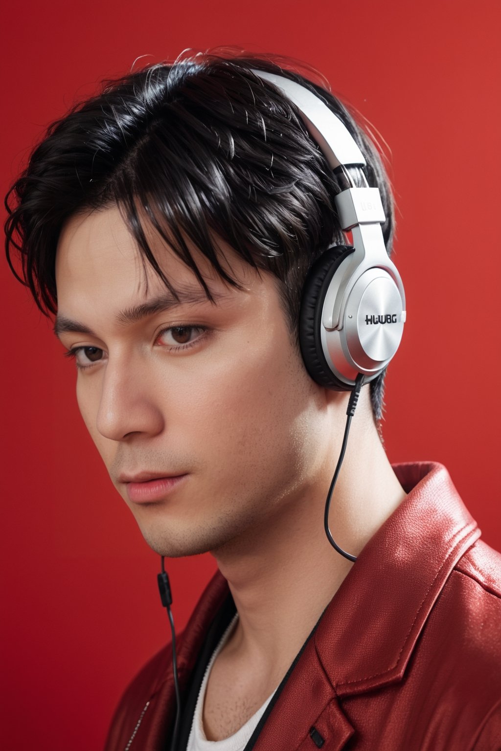 (ultra realistic,best quality),photorealistic,Extremely Realistic, in depth, cinematic light,hubgman,

a man, solo, bangs, short black hair, hair ornament, upper body, sexy hiphop clothes, red background, black eyes, wearing headphones,

intricate background, realism,realistic,raw,analog,portrait,photorealistic,hubgman