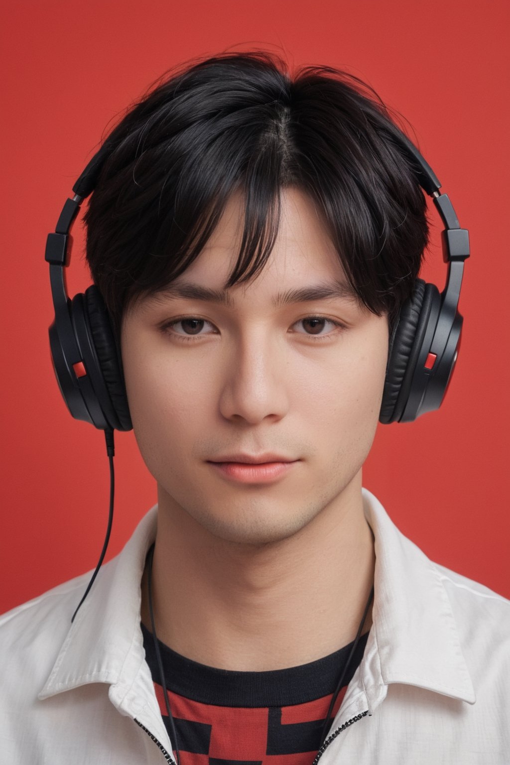 (ultra realistic,best quality),photorealistic,Extremely Realistic, in depth, cinematic light,hubgman,

a man, solo, bangs, short black hair, hair ornament, upper body, sexy hiphop clothes, red background, black eyes, wearing headphones,

intricate background, realism,realistic,raw,analog,portrait,photorealistic,hubgman