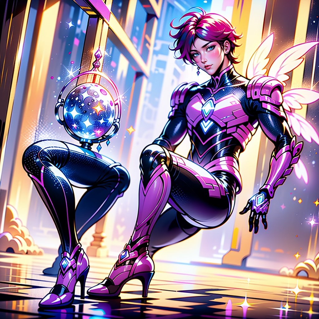 Realistic Image with human anatomically correct proportions and details, attractive curvaceous seductive supportive beautiful handsome pretty stunning dazzling outragious non-binary gender fluid androgynous femboy tomboy lgbtqiapn person, music and arts motiff, new unique uniform like a idol superstar superhero, power ranger, Purple Ranger, inspirig lover artist musician actor dancer singer bard, fullbody image, Spellcaster, sound music motion and feelings elements of power,cyber_armor,1 girl