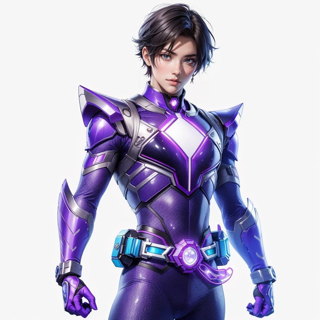 Realistic Image with human anatomically correct proportions and details, tokusatsu, high-school student, attractive non-binary gender fluid androgynous femboy tomboy person, supportive, Super sentai Power Rangers theme, new and unique alien power ranger armor uniform like a idol superstar superhero, Purple Ranger, inspirig lover artist musician actor dancer singer bard, fullbody shot, Spellcaster, sound music motion and feelings elements of power, sonic blade, musical weapons,trap,kpop