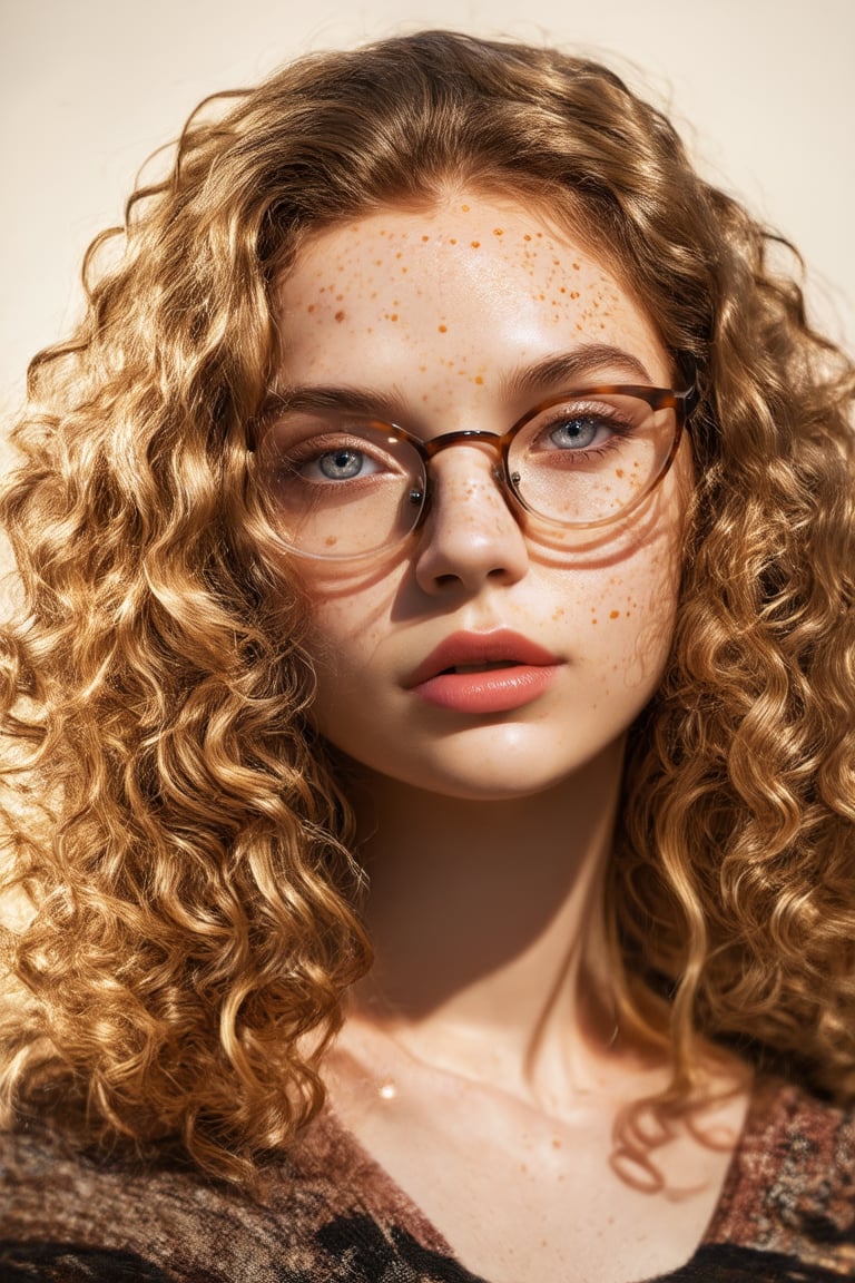 a photo portrait of a beautiful girl with curls and lots of freckles, (dirty blonde hair), (detailed blue eyes), (face portrait:1.5), dramatic light, Rembrandt lighting scheme, (hyperrealism:1.2), (8K UHD:1.2), (photorealistic:1.2), shot with Canon EOS 5D Mark IV, detailed face, detailed hair, modern glasess, wearing glasses