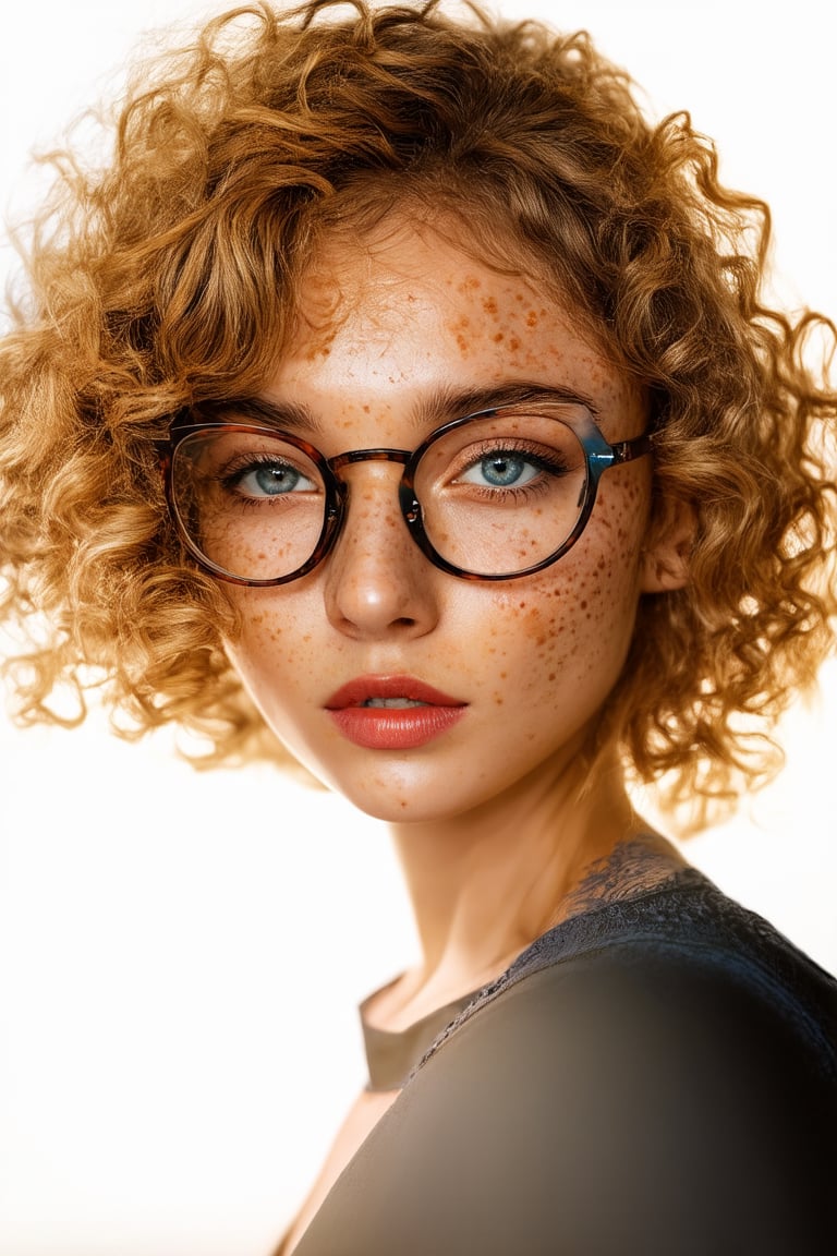 a photo portrait of a beautiful girl with curls and lots of freckles, (dirty blonde hair), (detailed blue eyes), (face portrait:1.5), dramatic light, Rembrandt lighting scheme, (hyperrealism:1.2), (8K UHD:1.2), (photorealistic:1.2), shot with Canon EOS 5D Mark IV, detailed face, detailed hair, modern glasess, wearing glasses