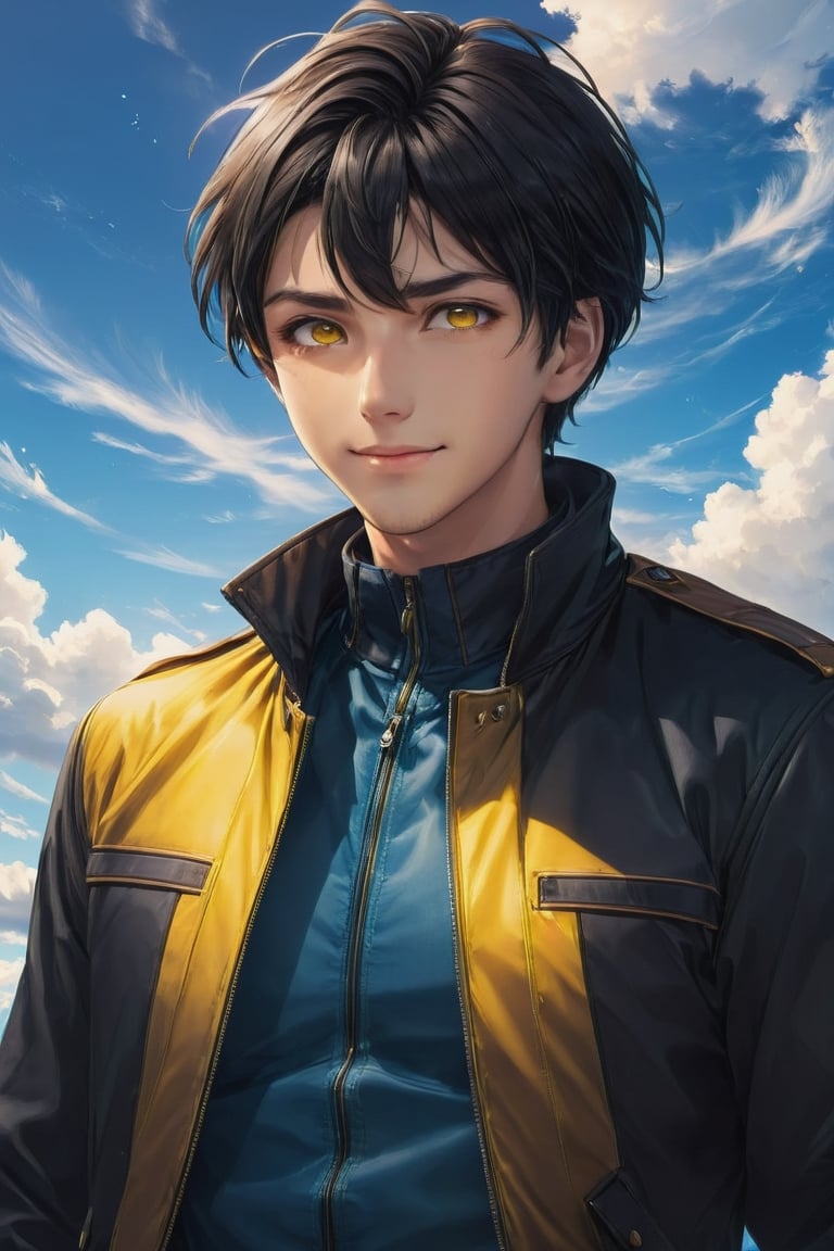 solo, looking at viewer, smile, short hair, black hair, 1boy, brown eyes, closed mouth, jacket, yellow eyes, male focus, , sky, day, cloud, black eyes, blue sky, heterochromia, 