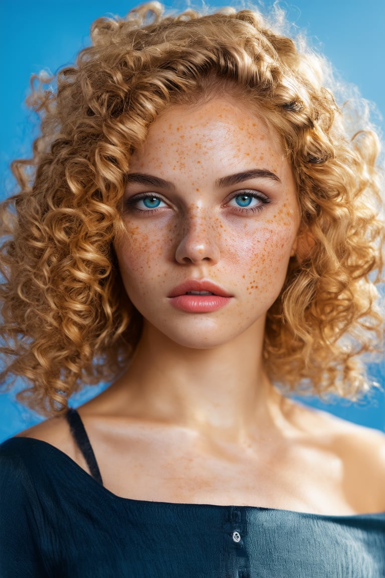 a photo portrait of a beautiful girl with curls and lots of freckles, (dirty blonde hair), (detailed blue eyes), (face portrait:1.5), dramatic light, Rembrandt lighting scheme, (hyperrealism:1.2), (8K UHD:1.2), (photorealistic:1.2), shot with Canon EOS 5D Mark IV, detailed face, detailed hair, modern glasess, wearing glasses