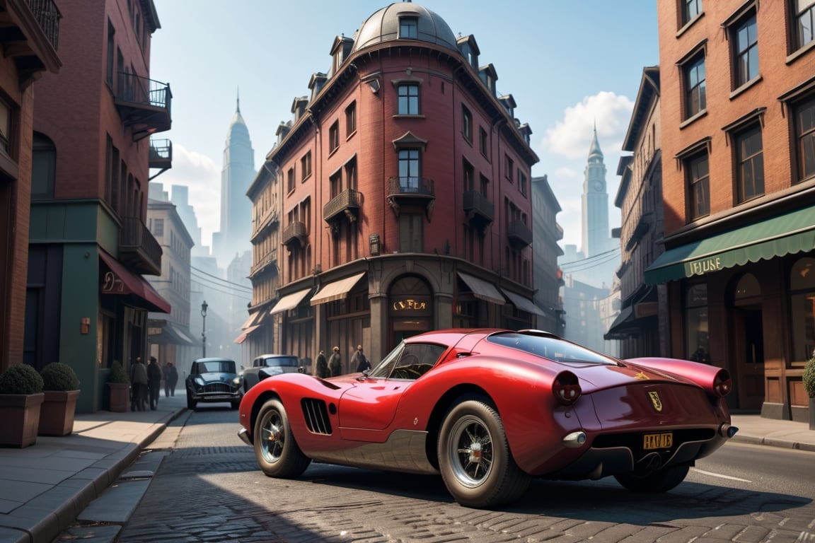 A 1950 Ferrari hypercar, dieselpunk city background, afternoon, dieselpunk retrofuturism, red paint,(masterpiece, best quality, ultra detailed), (high resolution, 8K, UHD, HDR),photorealistic