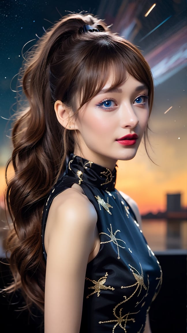 (1 Taiwanese girl), (brown hair), (long curly hair), (high ponytail), (shoulder length hair), (medium chest), (bust G_SIZE), (transparent direct-view dress), (dress), (starry sky background),