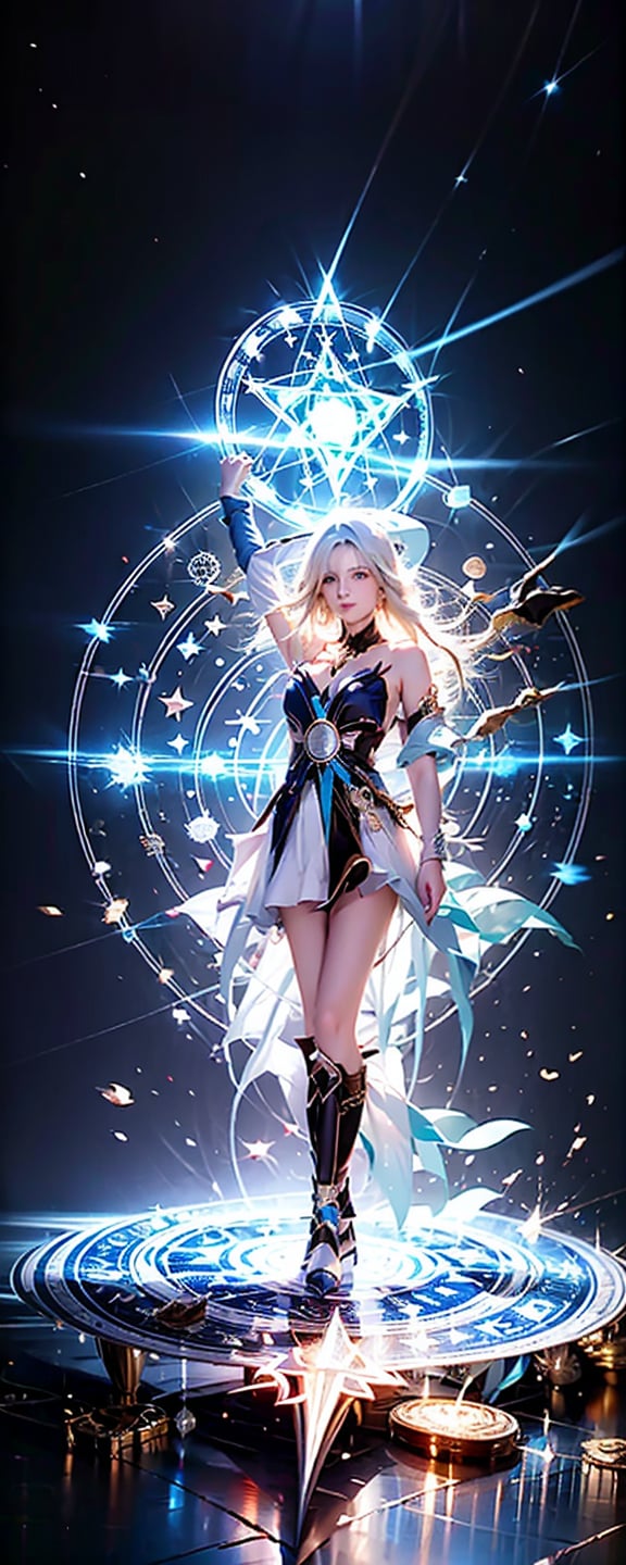 1girl, solo, long hair, breasts, looking at viewer, blue eyes, blonde hair, large breasts, hat, holding, cleavage, bare shoulders, medium breasts, full body, boots, armpits, lips, gradient, gradient background, staff, blue footwear, realistic, wand, magic circle, duel monster, pentagram, wizard hat, pentacle, dark magician girl,Taiwan 