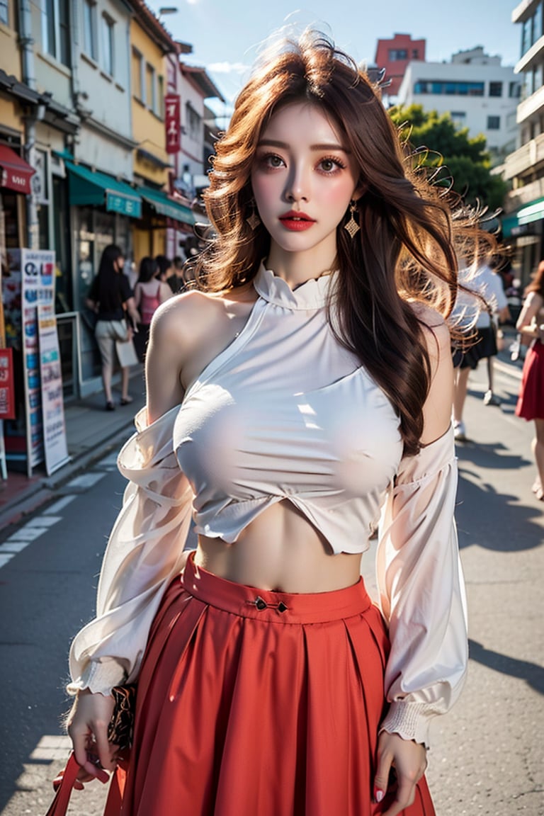 1girl, solo, long hair, big breasts, skirt, black hair, navel, brown eyes, jewelry, earrings, midriff, crop top, makeup, red skirt, lipstick, long skirt, red lips, photo background,Taiwan 