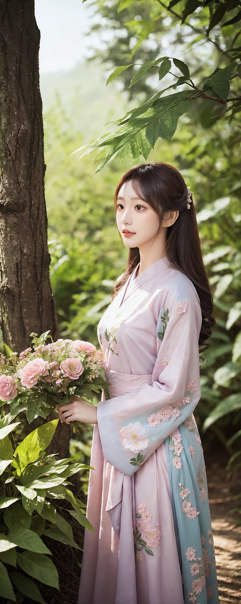 Softly lit outdoor scene: a woman stands amidst lush greenery,  wearing a flowing pastel dress with intricate embroidery,...