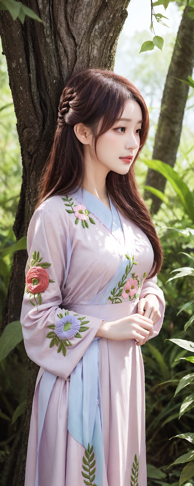 Softly lit outdoor scene: a woman stands amidst lush greenery,  wearing a flowing pastel dress with intricate embroidery,...