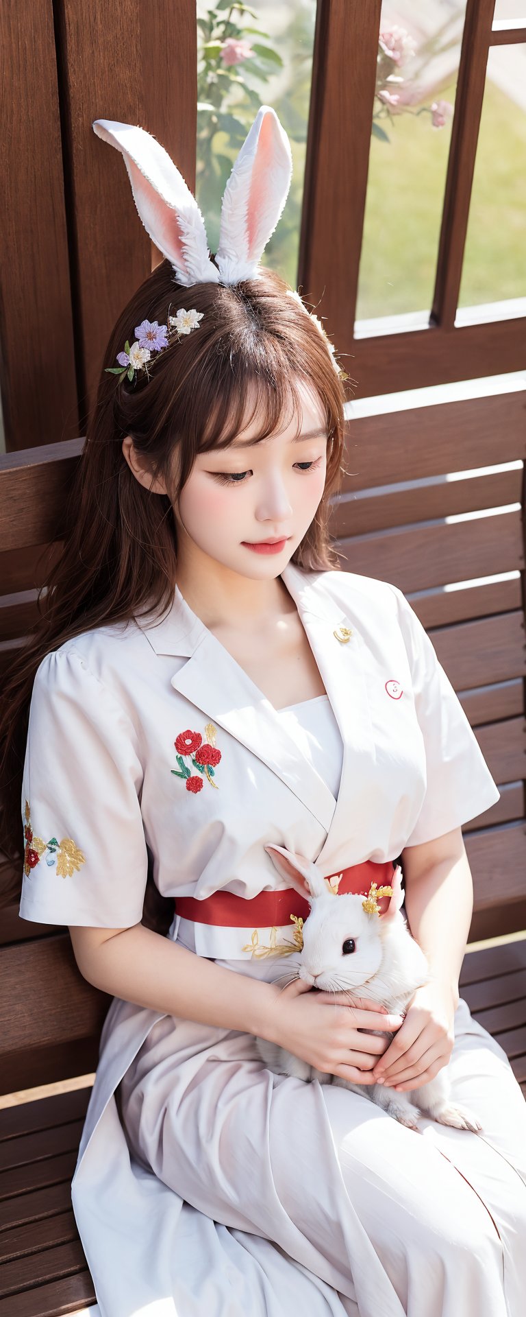 The image depicts a person dressed in traditional attire,  lying on a bed or bench with a white rabbit resting on their ch...