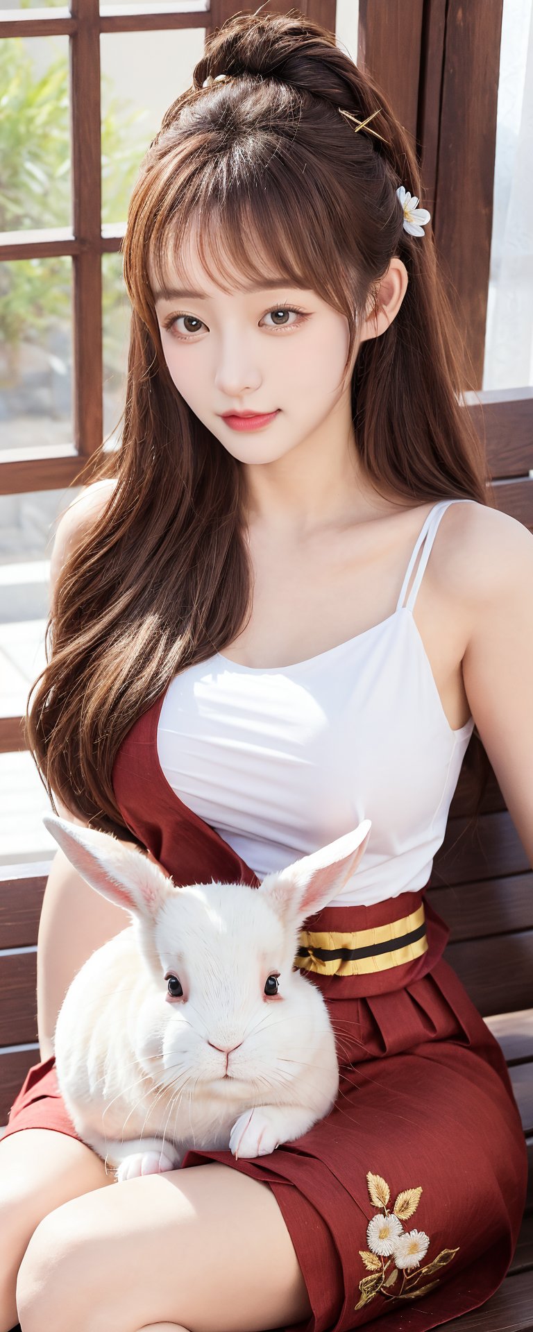The image depicts a person dressed in traditional attire,  lying on a bed or bench with a white rabbit resting on their ch...