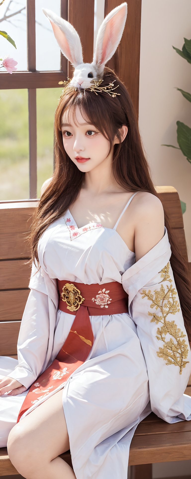 The image depicts a person dressed in traditional attire,  lying on a bed or bench with a white rabbit resting on their ch...