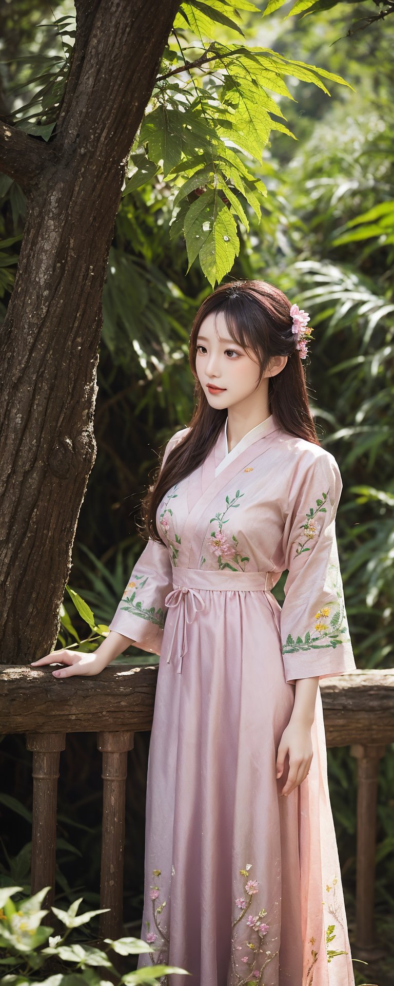 Softly lit outdoor scene: a woman stands amidst lush greenery,  wearing a flowing pastel dress with intricate embroidery,...