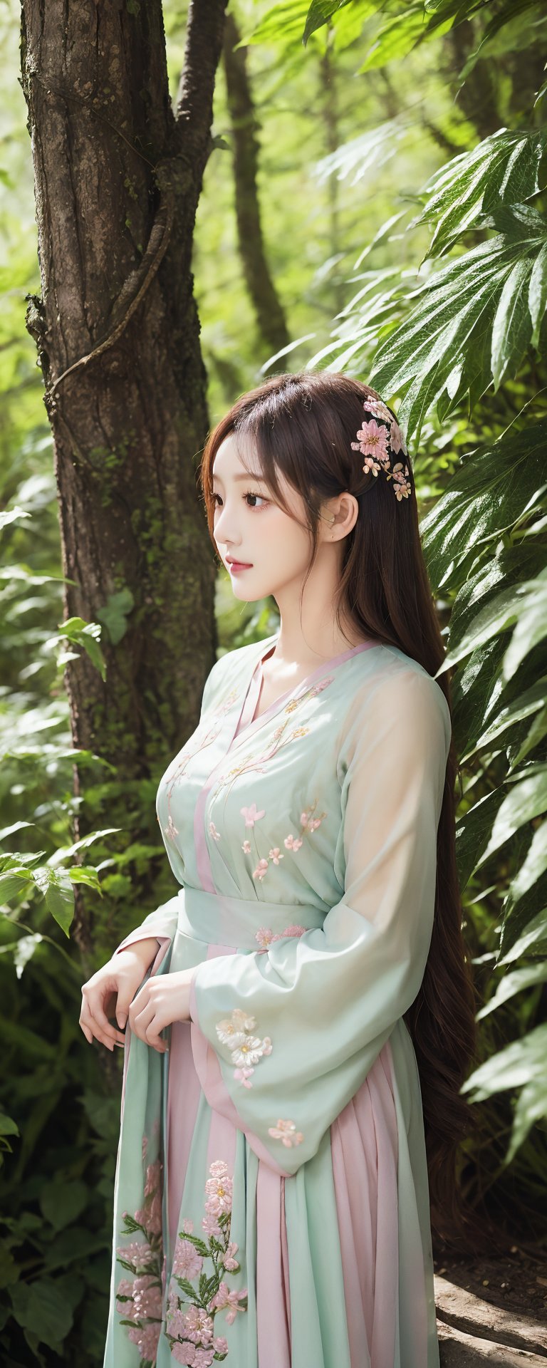 Softly lit outdoor scene: a woman stands amidst lush greenery,  wearing a flowing pastel dress with intricate embroidery,...