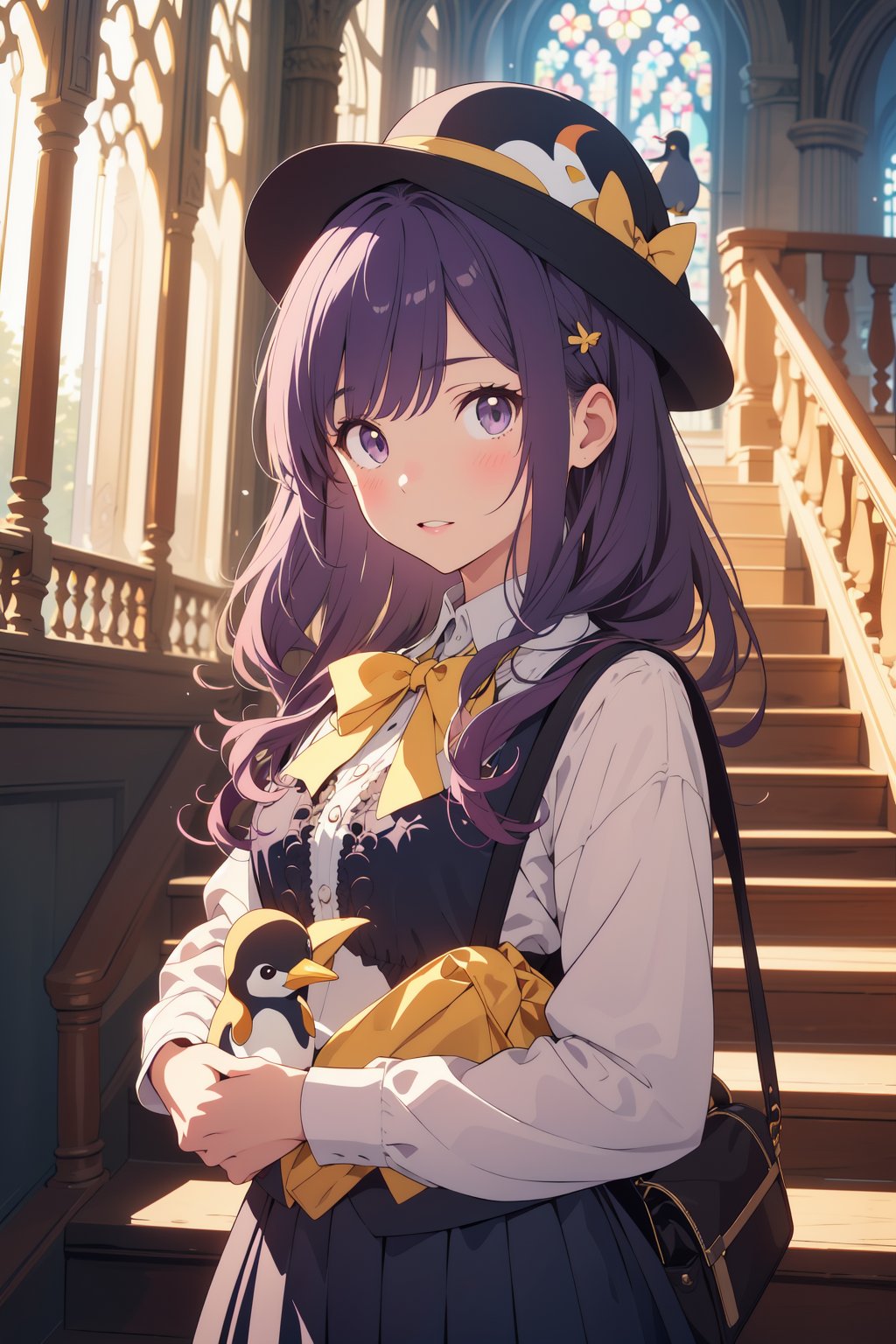 masterpiece,illustration,ray tracing,finely detailed,best detailed,Clear picture,intricate details,highlight,
anime,
gothic architecture,
looking at viewer,

nature,gothic architecture,bird,the lakeside in the heart of the forest,the staircase of the balcony,

NikkeRei,
1girl,loli,baby,long hair,hat,purple hair,blue eyes,yellow bow,yellow bag,skirt,upper body,
NikkePenguin,Penguin,