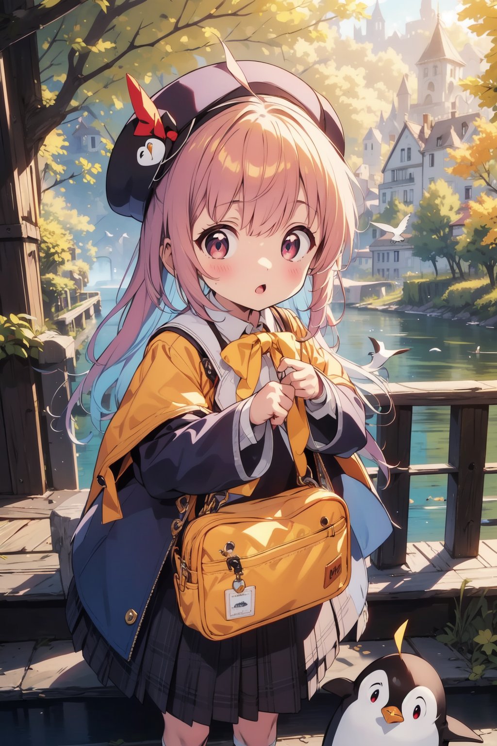 masterpiece,illustration,ray tracing,finely detailed,best detailed,Clear picture,intricate details,highlight,
anime,
gothic architecture,
looking at viewer,

nature,gothic architecture,bird,the lakeside in the heart of the forest,the staircase of the balcony,

NikkeRei,
1girl,loli,baby,long hair,hat,red hair,blue eyes,yellow bow,yellow bag,skirt,upper body,
NikkePenguin,Penguin,