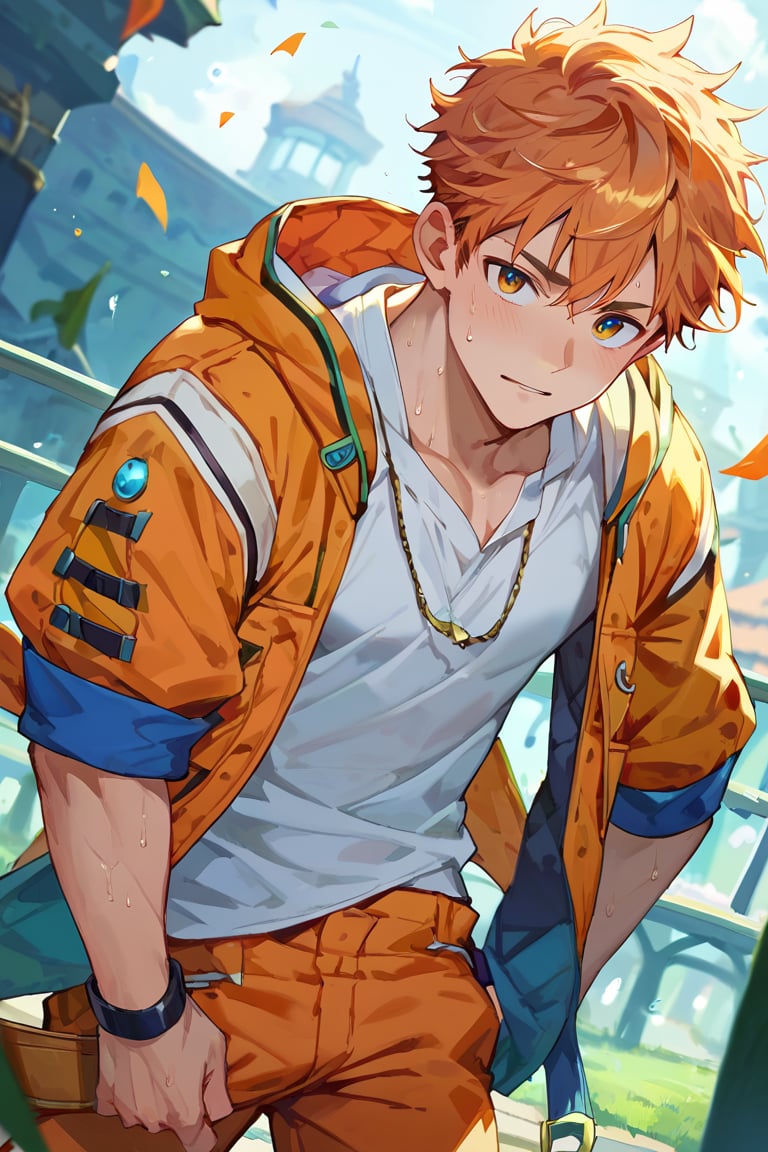 score_9, score_8_up, score_7_up, masterpiece, best quality, 1boy, male focus, looking at viewer, sweating,Murand ,orange hair, orange_jacket, BREAK, white shirt