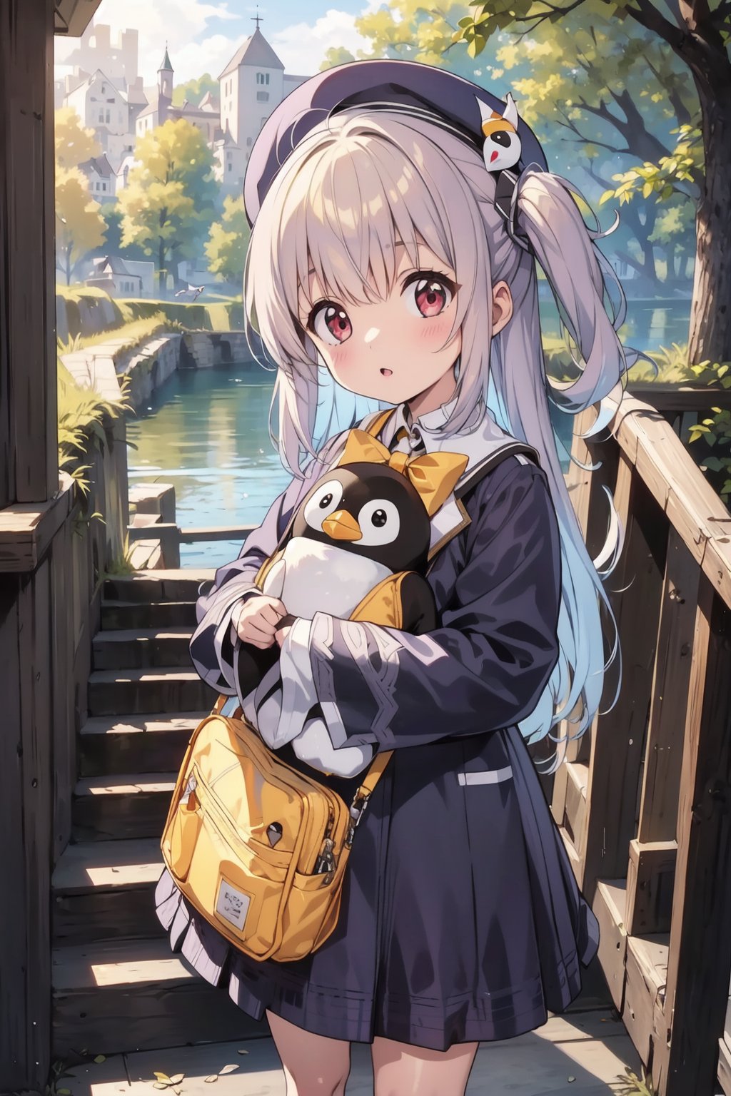 masterpiece,illustration,ray tracing,finely detailed,best detailed,Clear picture,intricate details,highlight,
anime,
gothic architecture,
looking at viewer,

nature,gothic architecture,bird,the lakeside in the heart of the forest,the staircase of the balcony,

NikkeRei,
1girl,loli,baby,long hair,hat,
yellow bow,yellow bag,skirt, cowboy shot,
NikkePenguin,Penguin,A penguin sleeping in its owner's arms,
sitting,