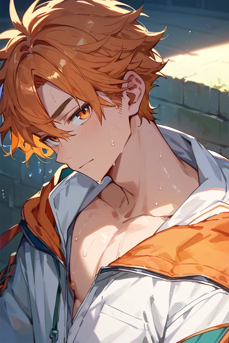 score_9, score_8_up, score_7_up, masterpiece, best quality, 1boy, male focus, looking at viewer, sweating,Murand ,orange hair, orange_jacket, BREAK, white shirt