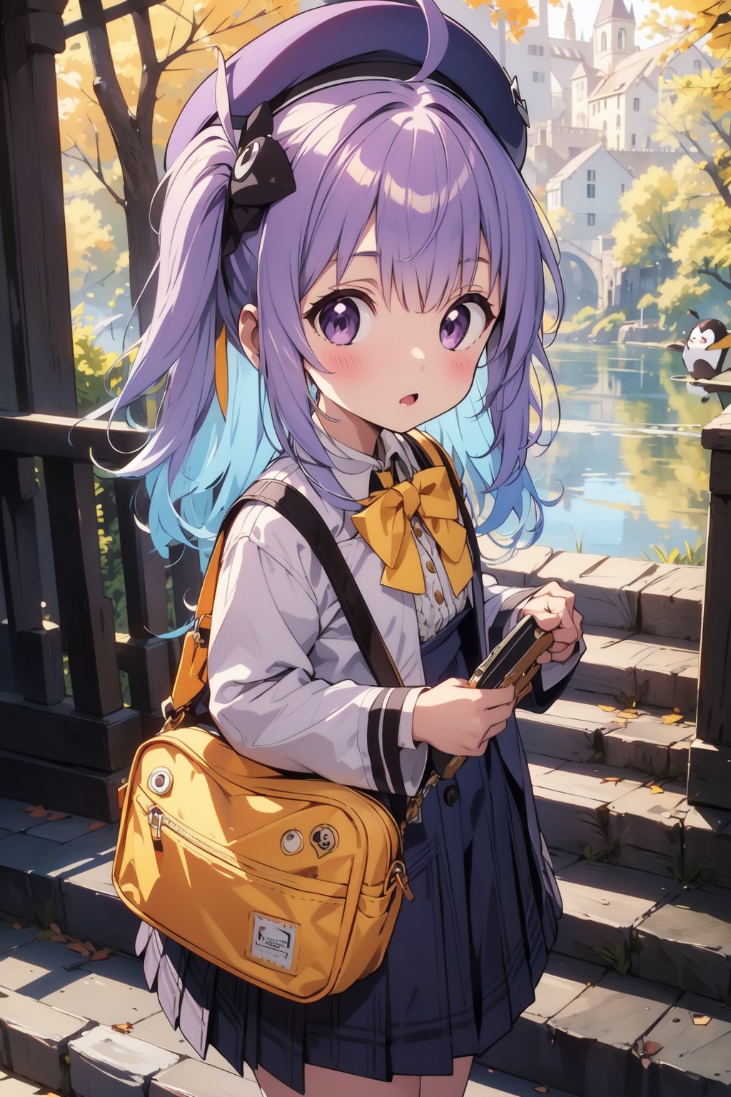 masterpiece,illustration,ray tracing,finely detailed,best detailed,Clear picture,intricate details,highlight,
anime,
gothic architecture,
looking at viewer,

nature,gothic architecture,bird,the lakeside in the heart of the forest,the staircase of the balcony,

NikkeRei,
1girl,loli,baby,long hair,hat,purple hair,blue eyes,yellow bow,yellow bag,skirt,upper body,
NikkePenguin,Penguin,