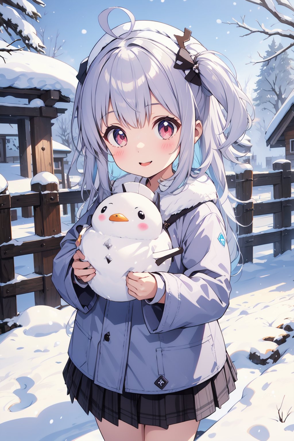 cute girl, silver hair, snow village background, snow clothing