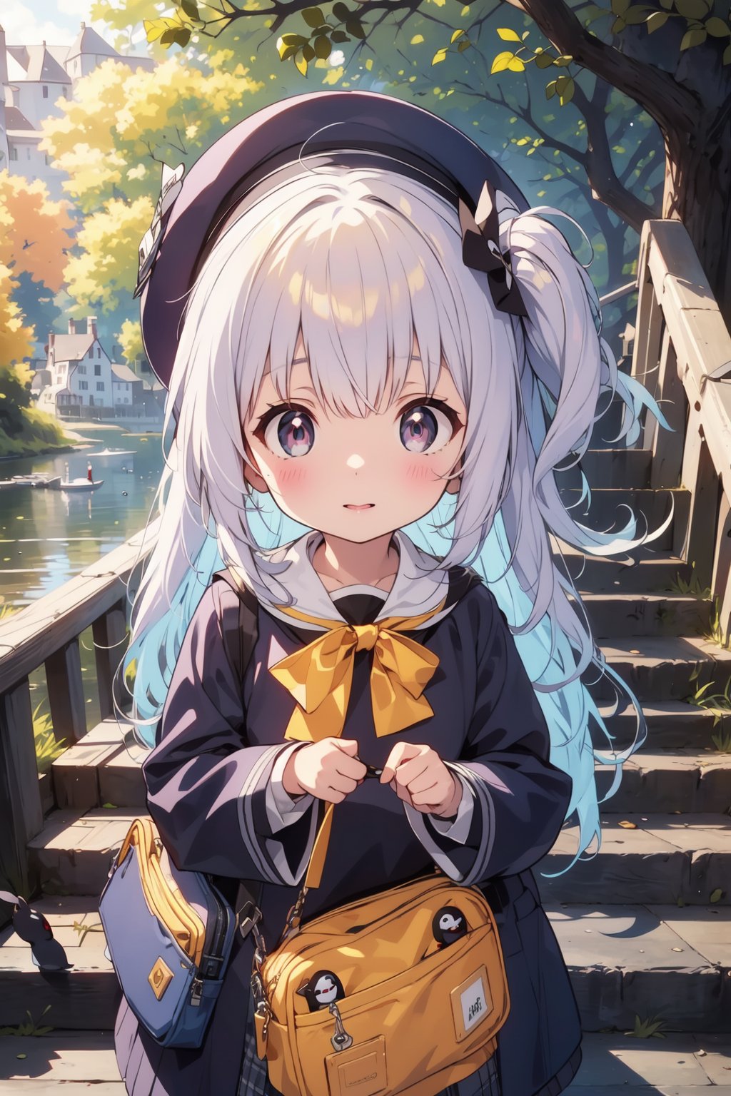 masterpiece,illustration,ray tracing,finely detailed,best detailed,Clear picture,intricate details,highlight,
anime,
gothic architecture,
looking at viewer,

nature,gothic architecture,bird,the lakeside in the heart of the forest,the staircase of the balcony,

NikkeRei,
1girl,loli,baby,long hair,hat,white hair,blue eyes,yellow bow,yellow bag,skirt,upper body,
NikkePenguin,Penguin,