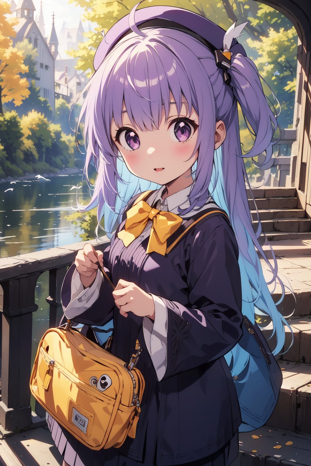 masterpiece,illustration,ray tracing,finely detailed,best detailed,Clear picture,intricate details,highlight,
anime,
gothic architecture,
looking at viewer,

nature,gothic architecture,bird,the lakeside in the heart of the forest,the staircase of the balcony,

NikkeRei,
1girl,loli,baby,long hair,hat,purple hair,blue eyes,yellow bow,yellow bag,skirt,upper body,
NikkePenguin,Penguin,