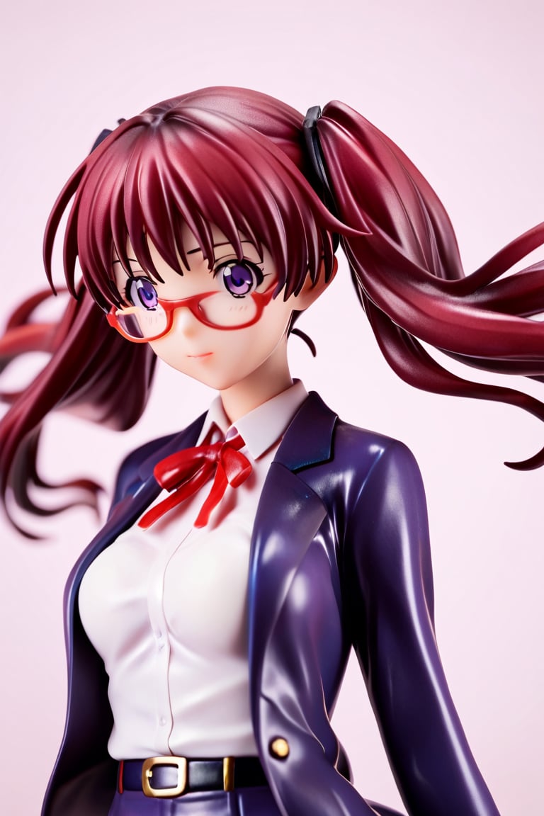 score_9_up, score_8_up,score_7_up,3D, looking_over_shoulder,fully_clothed, score_9_up, score_7_up, PVC,anime,Anime Style.,Ink art style,PVC Style,noyamano ringo,glasses(red framed),twin_tails,purple_eyes,dark_red_hair,large_breasts,open_blazer