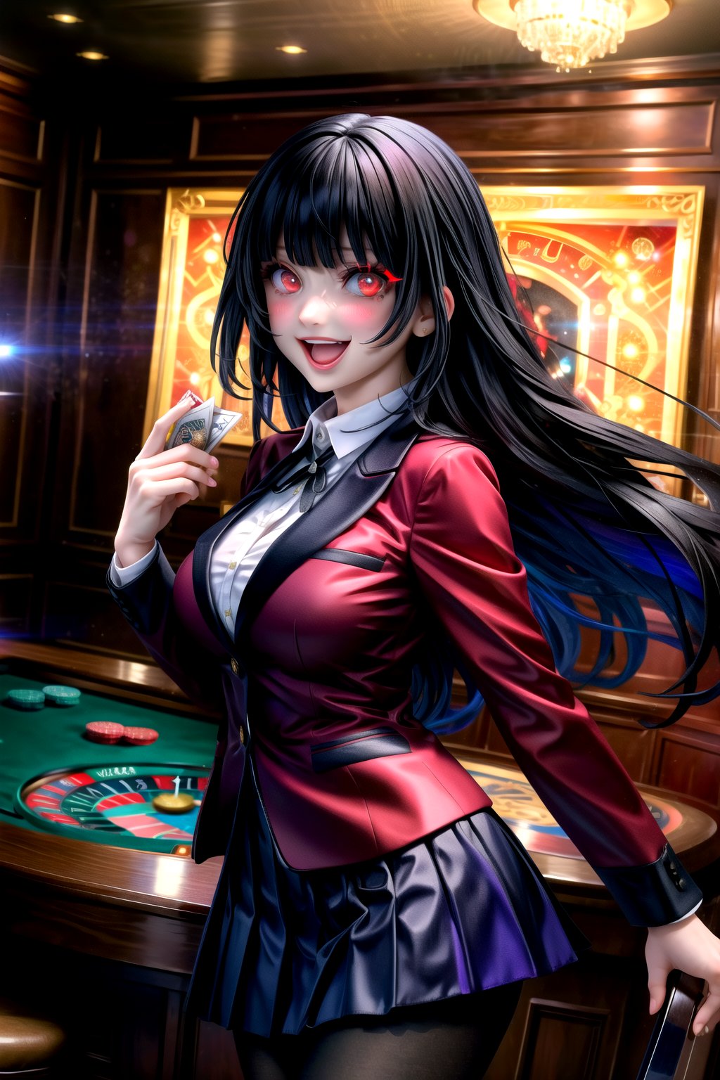 masterpiece, best quality, highres, hmjy1, long hair, blunt bangs, red eyes, school uniform, red jacket, blazer, pantyhose, white shirt, black ribbon, pleated skirt, , cowboy shot, blush, indoors, casino, glowing eyes, outstretched arm, evil smile, open mouth,