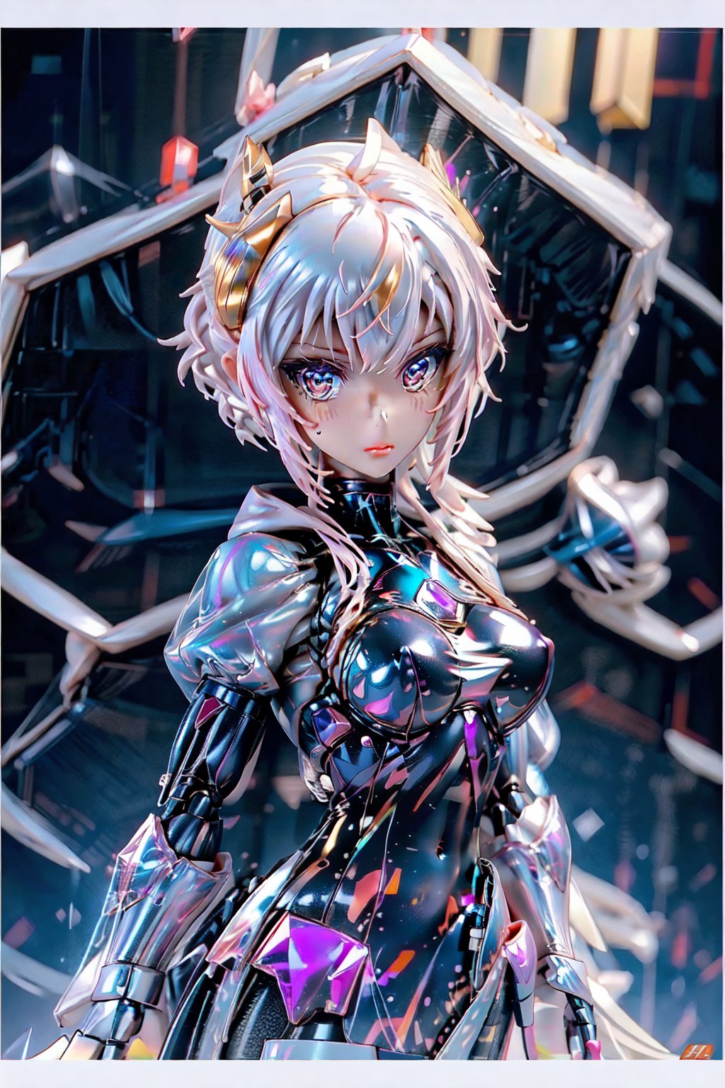 Dark aesthetic,  (tiny cute translucent polycarbonate sci-fi robots), polycarbonate plastic frame, stunning unreal engine render, intricate details,( robot girl), Oil Painting