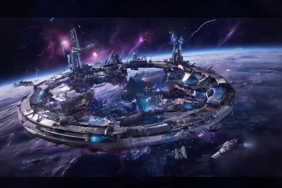 A massive,  futuristic space station,  its sleek metallic structure illuminated by the light of distant stars streaking ac...