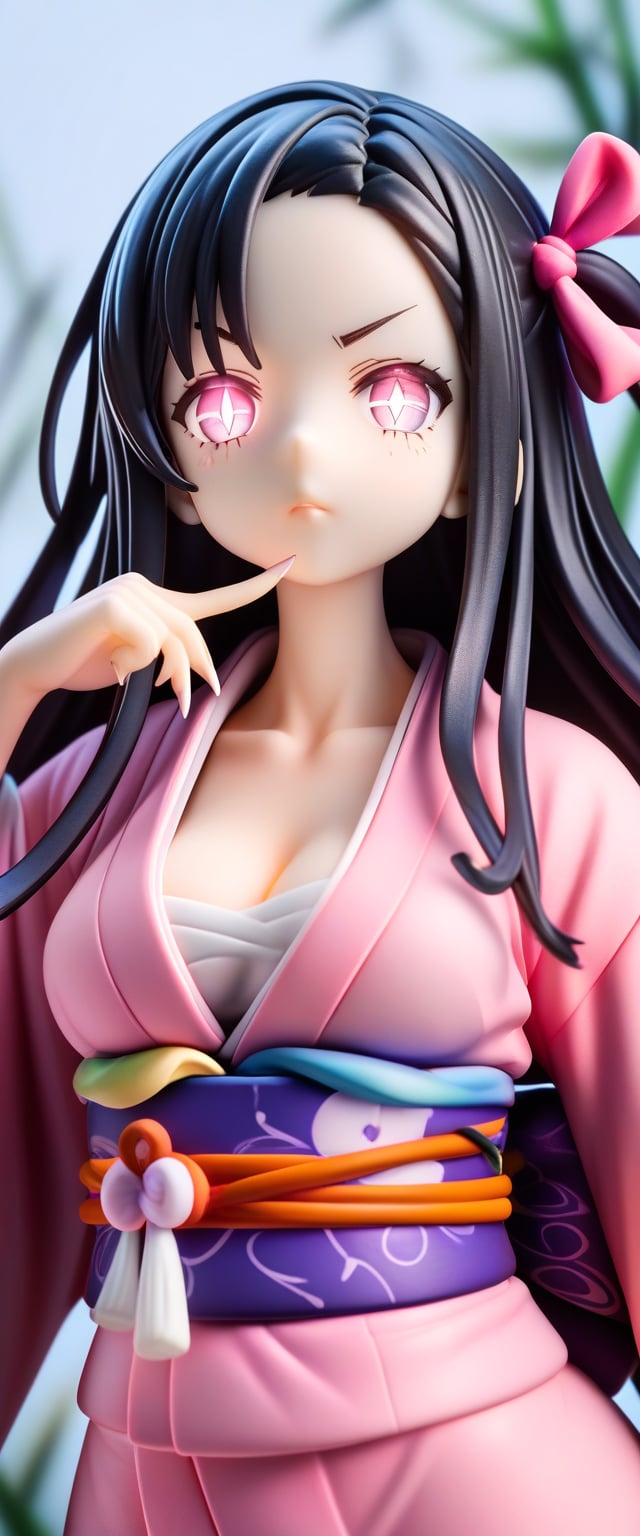 1girl, highly realistic, highly VFX, highly detailed, highly beautiful, highly glowing, highly beautiful, solo, long hair, breasts, looking at viewer, VFX black hair, ribbon, cleavage, medium breasts, hair ribbon, upper body, multicolored hair, VFX japanese clothes, VFX sleeveless, pink eyes, VFX kimono, lips, fingernails, sash, obi, slit pupils, index finger raised, finger to mouth, forehead, VFX pink ribbon, veins, sharp fingernails, VFX pink kimono, dark pink VFX, fill VFX, glowing VFX body, glowing VFX eyes, bamboo, shushing, VFX cracked skin, serious face, VFX glowing body, kamado nezuko, score_9_up, score_8_up,score_7_up,3D,PVC Style