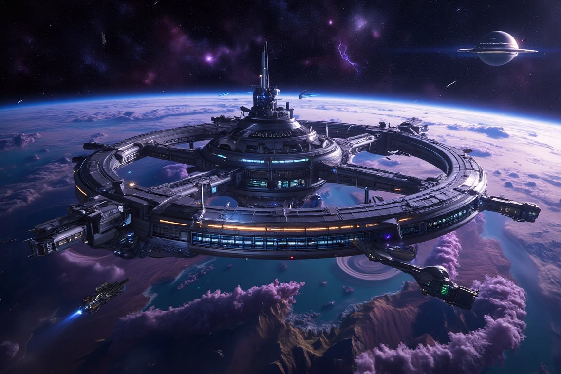 A massive,  futuristic space station,  its sleek metallic structure illuminated by the light of distant stars streaking ac...