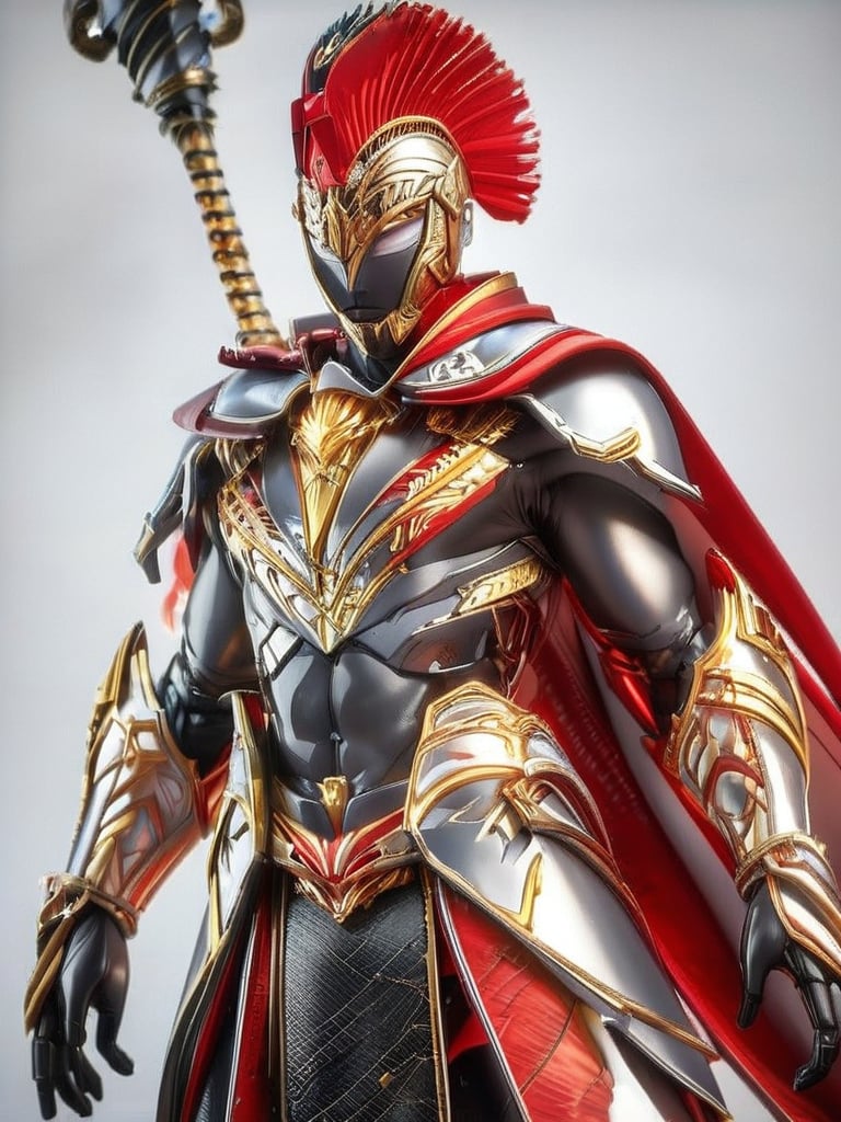 A dramatic close-up shot of a solo, anime-style male figure in full armor, donning a majestic red cape with a flowing plume. He holds a sturdy polearm in one hand and a shield emblazoned with his emblem in the other. His helmet is adorned with a gleaming crest, and his gaze is fixed intently on the viewer. The 3D PVC figure's dynamic pose exudes confidence and strength.,Anime Style.