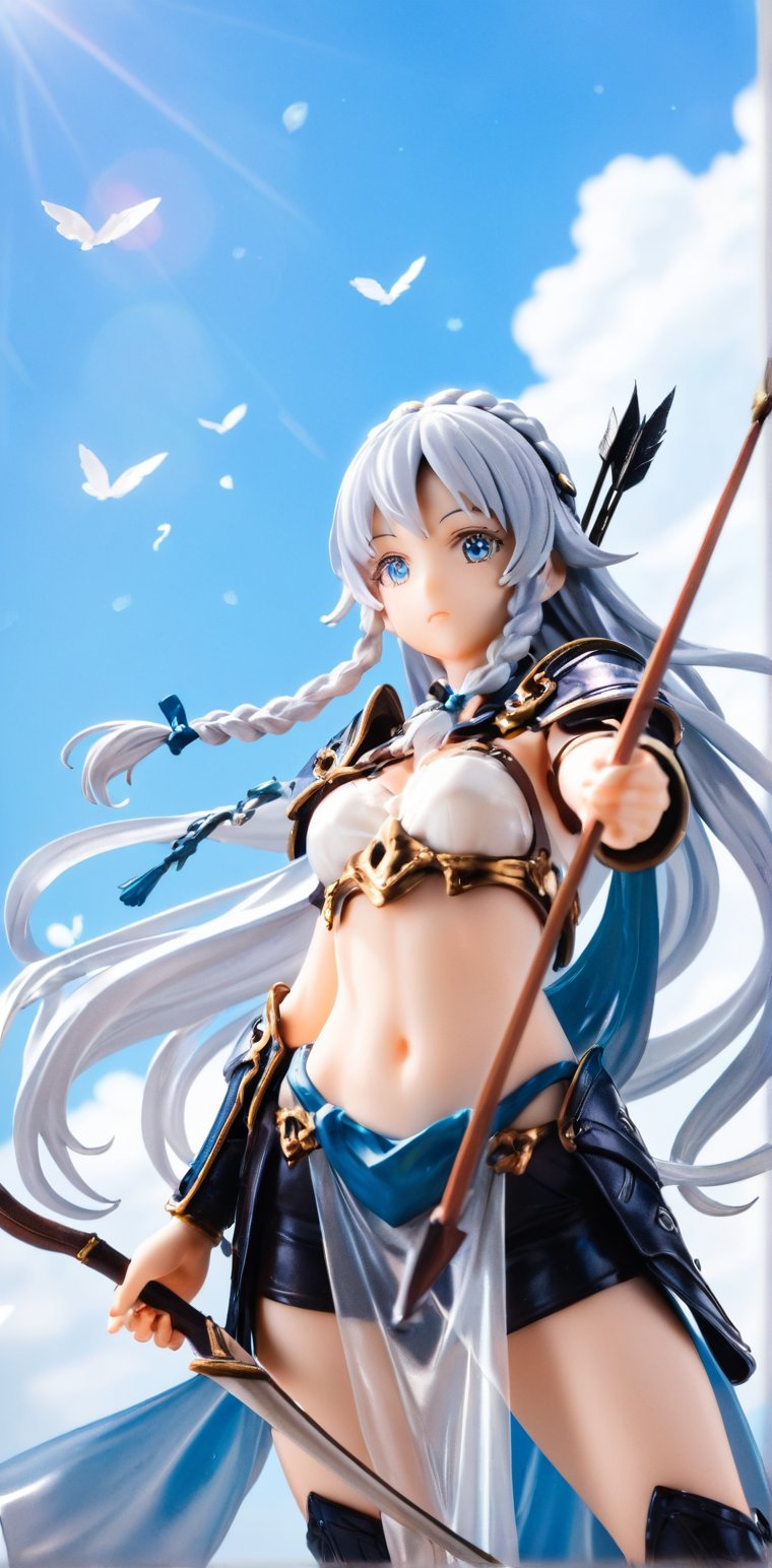 1girl, solo, long hair, purple-black shiny hair, beautiful blue eyes (eyelashes are long and dense), very energetic, photo, navel, holding, weapons, braids, outdoor, sky, midriff, clouds, holding weapons , armor, bow\(weapon\), arrow\(slug\), holding bow\(weapon)\), aiming at the audience, beautiful blue eyes sharp, the action of pulling the bow, shooting three arrows at the same time. Full of courage. The aura is very domineering.,score_9,score_8_up,score_7_up,3D