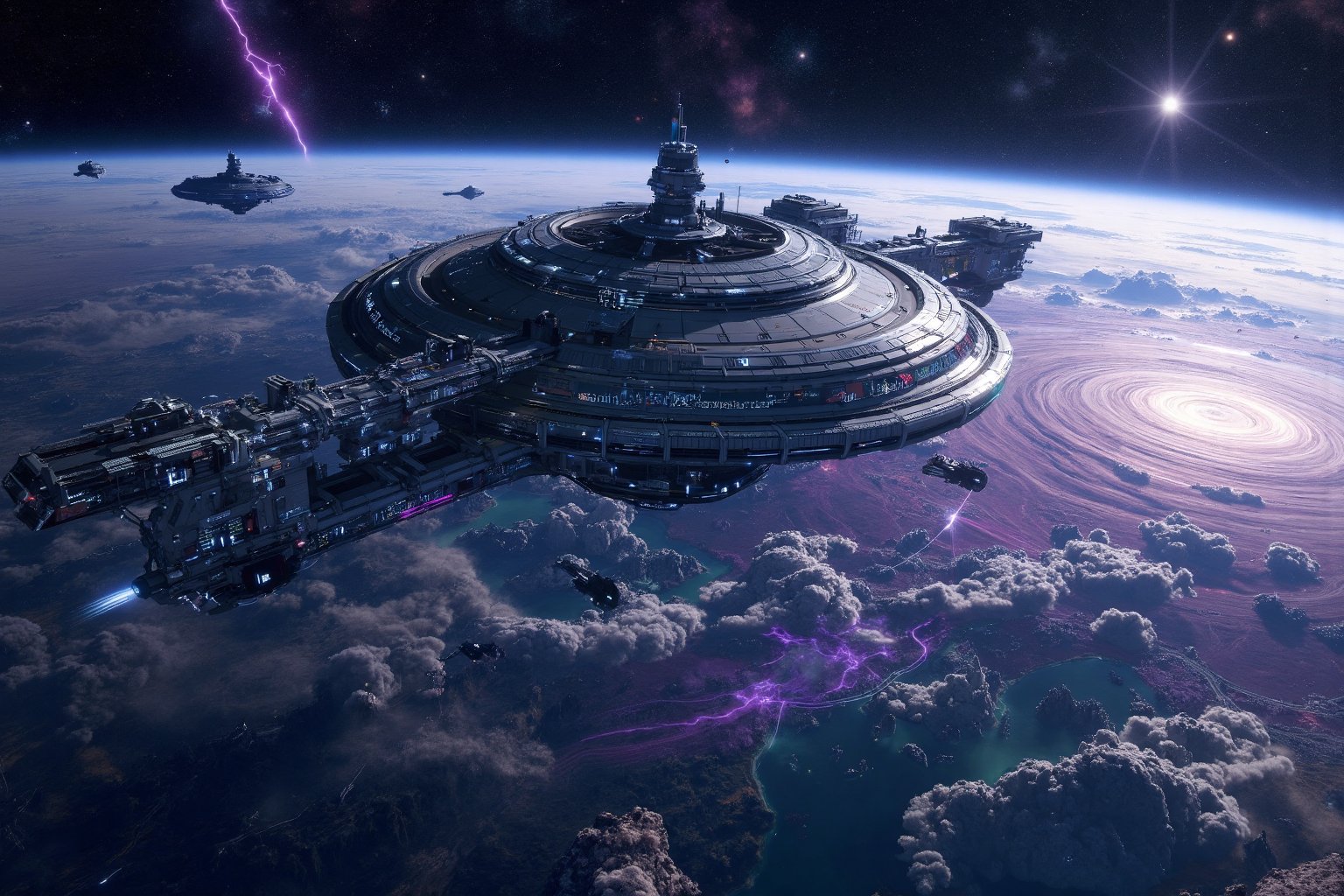 A massive,  futuristic space station,  its sleek metallic structure illuminated by the light of distant stars streaking ac...