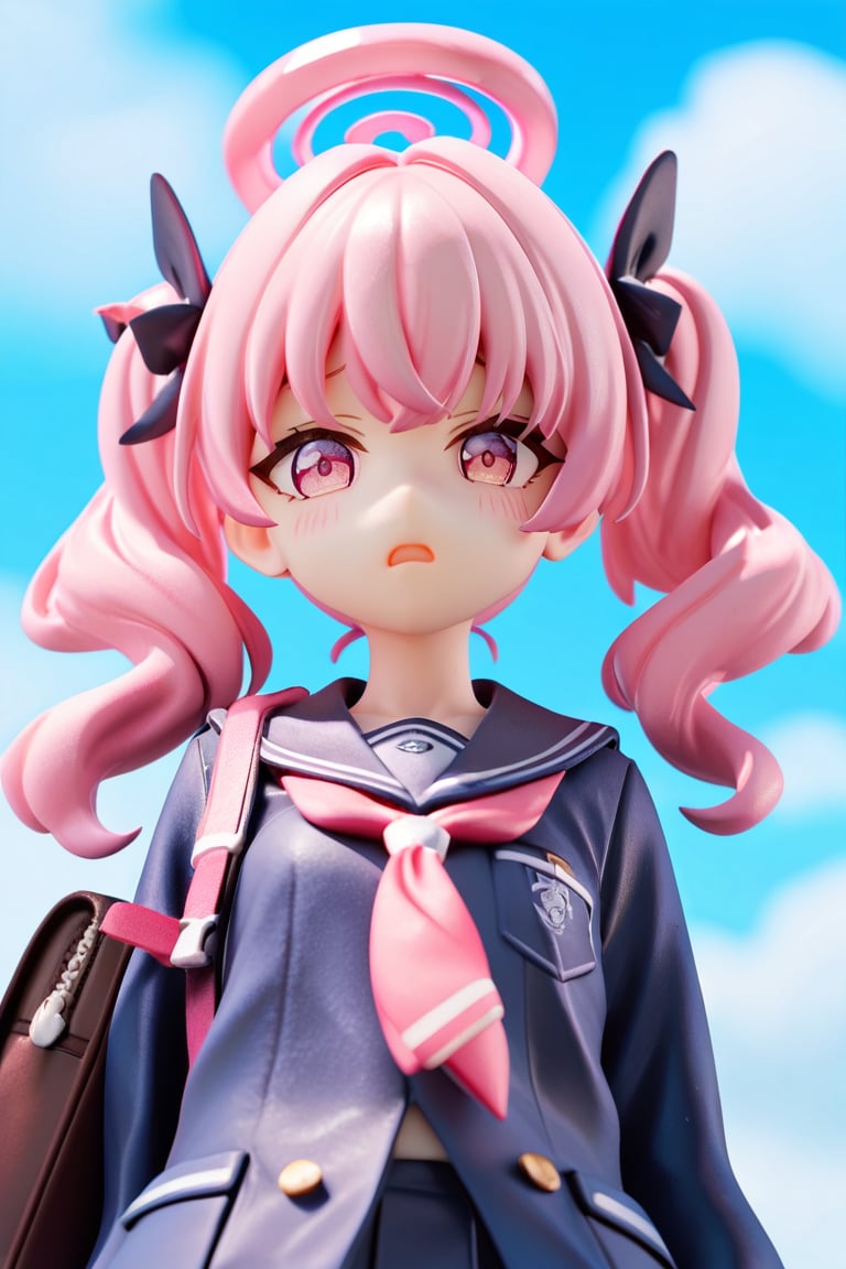 masterpiece, best quality, 1girl, pink hair, pink eyes, looking at viewer, confused look, open mouth, embarrassed, school uniform, blue sky, cloud trail, twintails, score_9_up, score_8_up,score_7_up,3D,PVC Style,Koharu (blue archive)